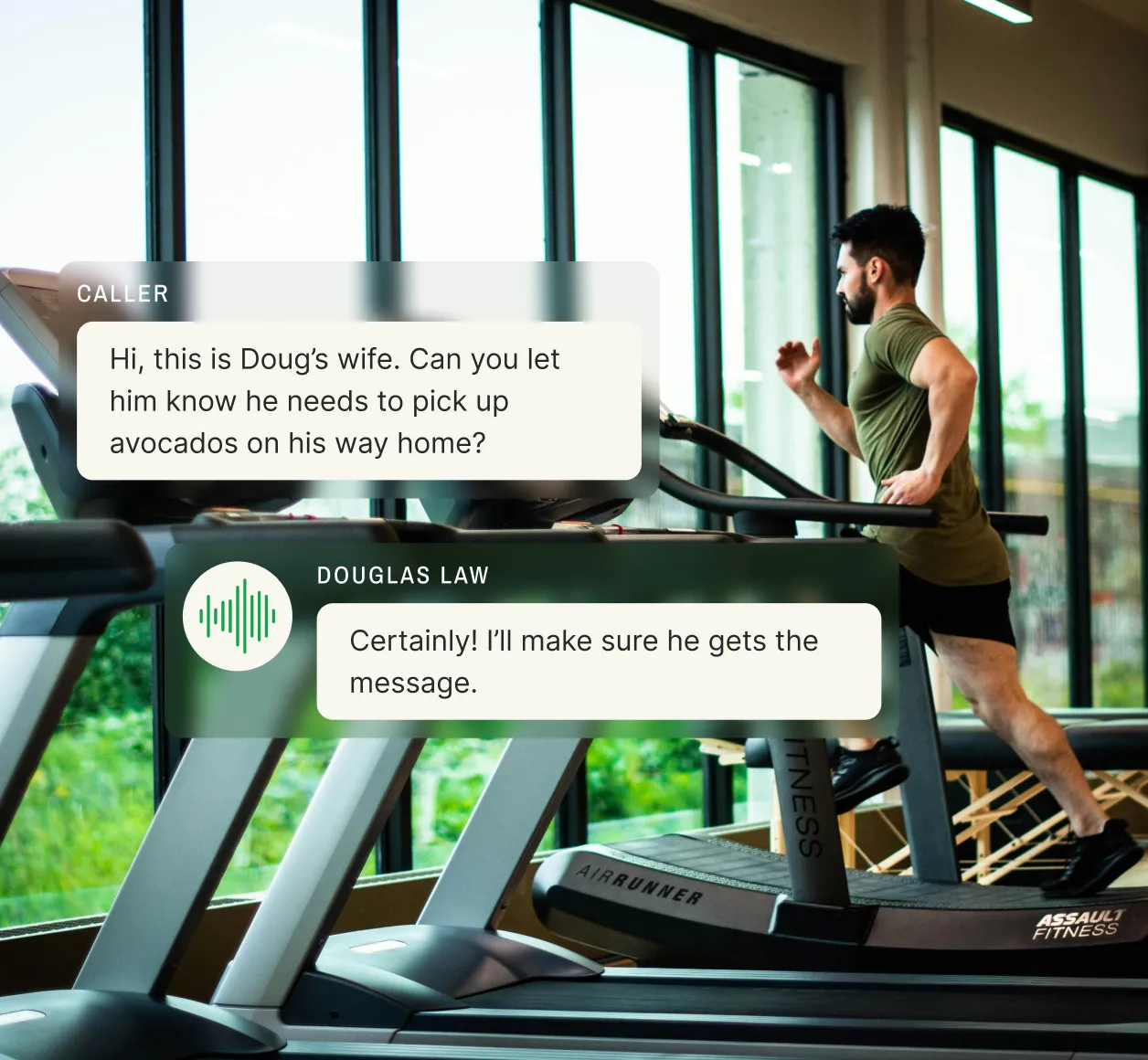 Personal answering service managing a message request for a legal professional at a gym, with a man running on a treadmill in the background.