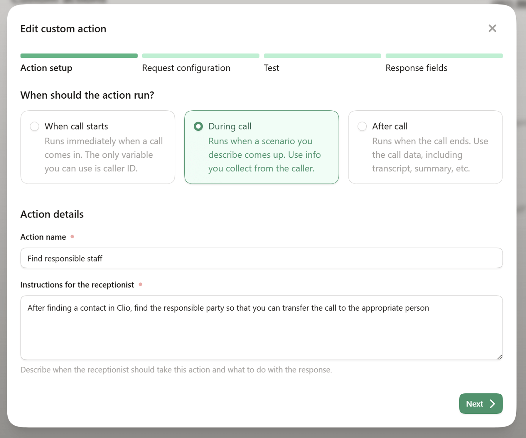 Creating the responsible staff lookup custom action in Upfirst