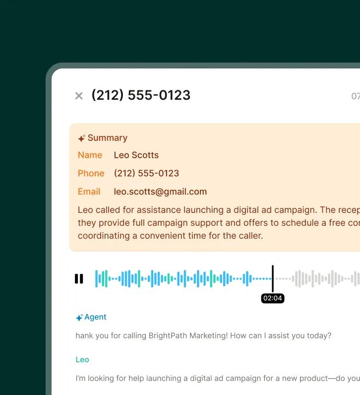 A transcript and summary of a call handled by an answering service for a marketing agency helping with a digital ad campaign.