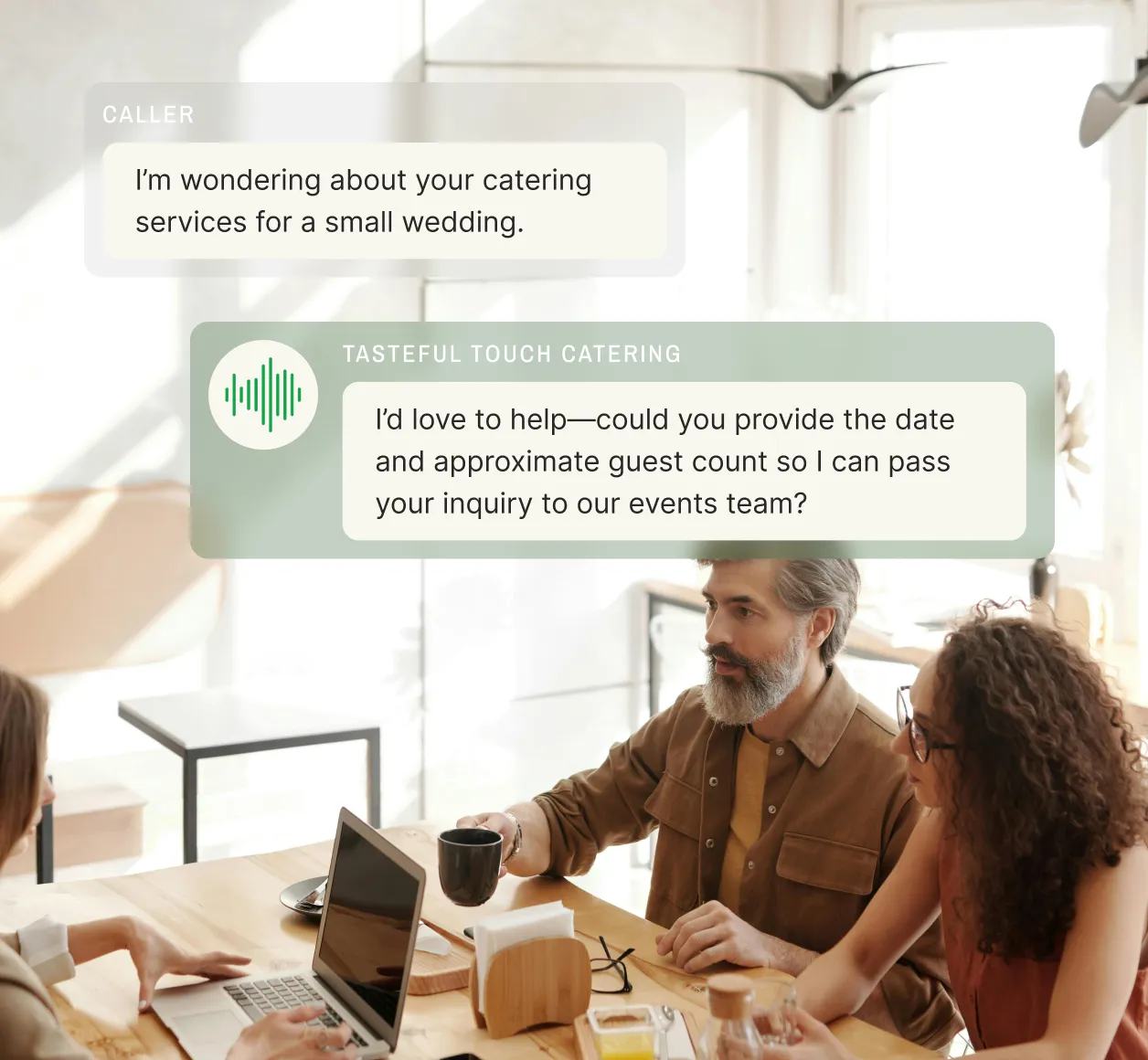 A caller seeks information on catering services for a wedding, and the representative collects the event date and guest count, highlighting efficient screening telephone calls.