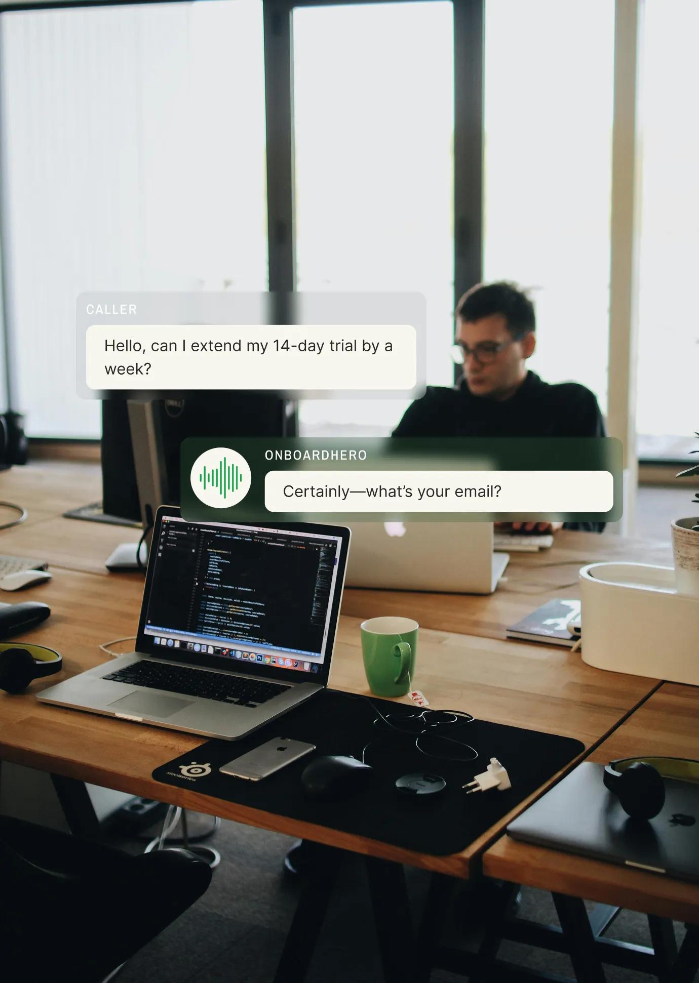A caller asks to extend their 14-day trial while a virtual receptionist prompts for their email, showcasing an answering service for SaaS companies.