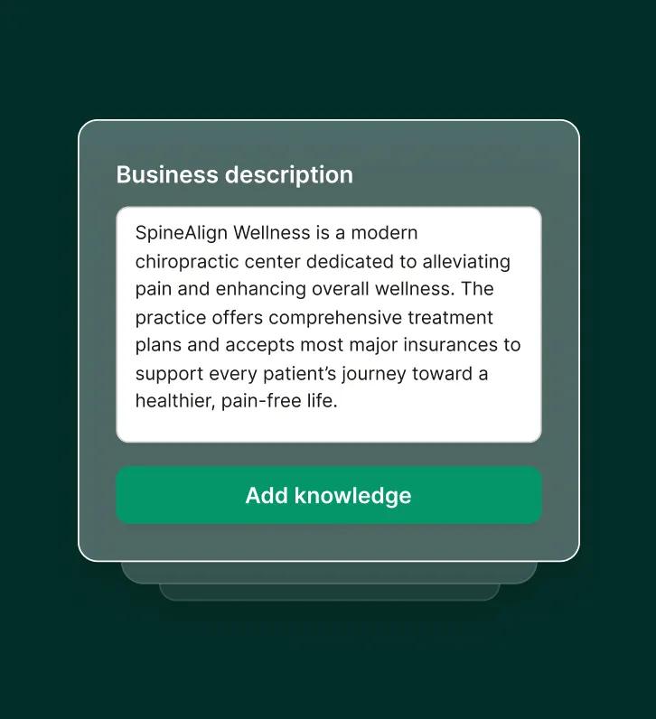 A chiropractic answering service interface displays a business description input screen for adding company details.
