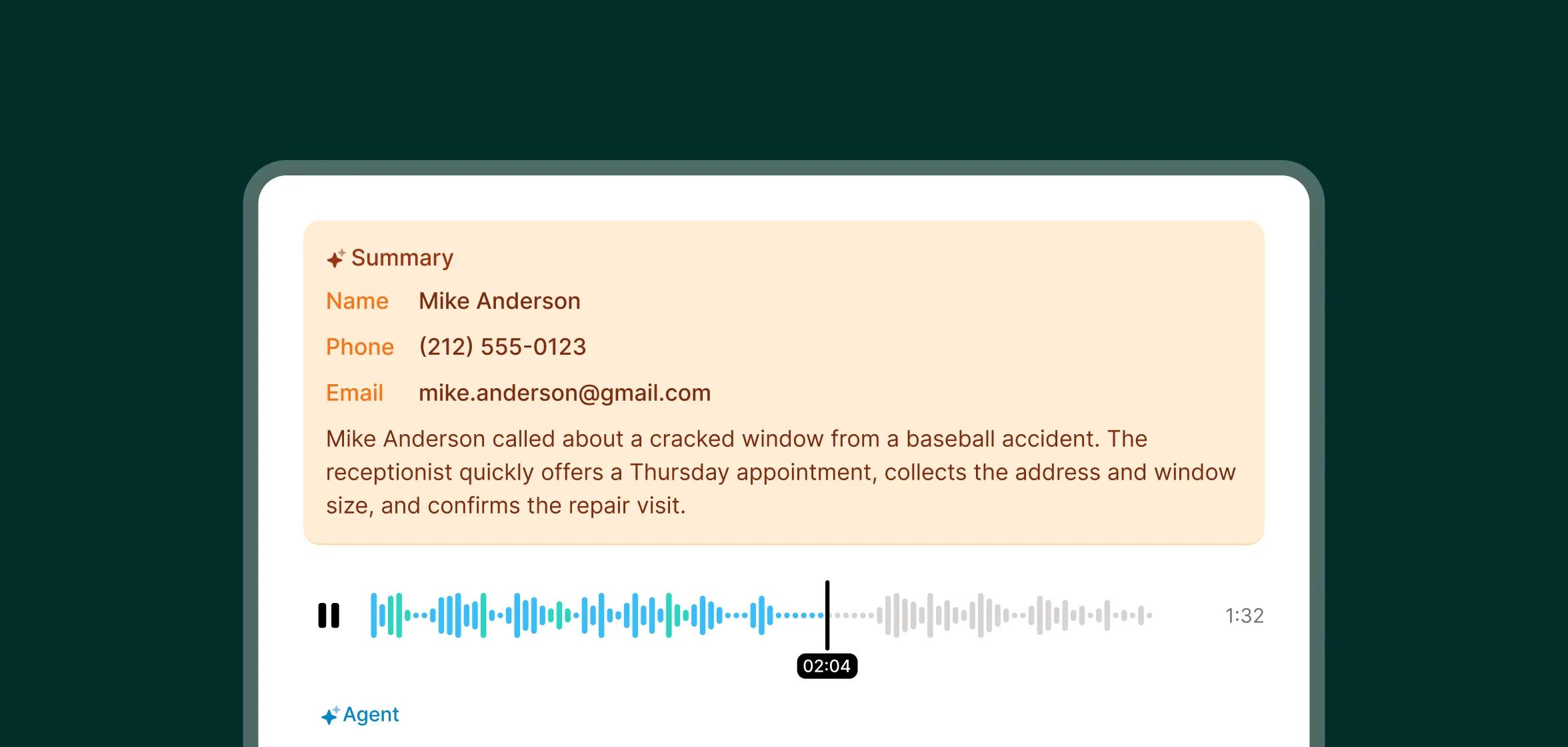 Call summary and audio playback from an answering service for glass repair describing a customer’s cracked window issue and scheduled repair.