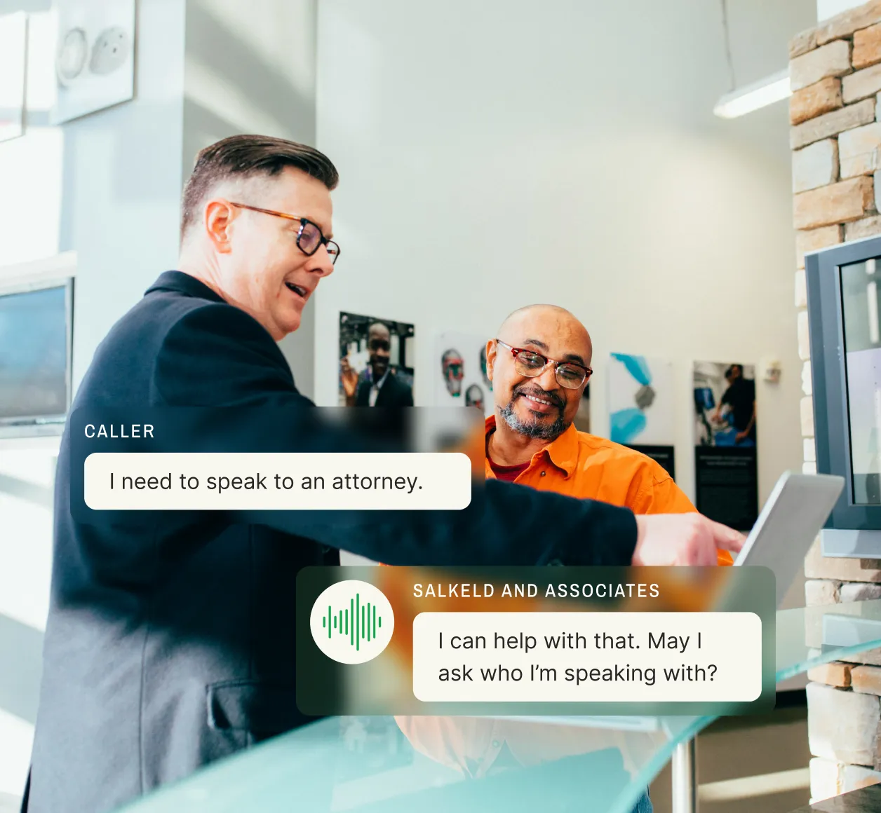Legal receptionist and attorney discussing client inquiry received through AI voicemail system in modern law office