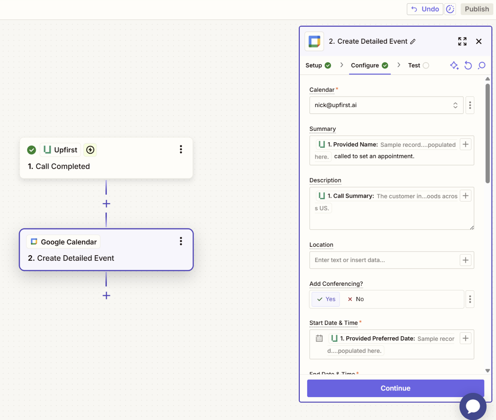 A Zap workflow configuring a detailed Google Calendar event from AI call data to automate phone calls with AI and Zapier.