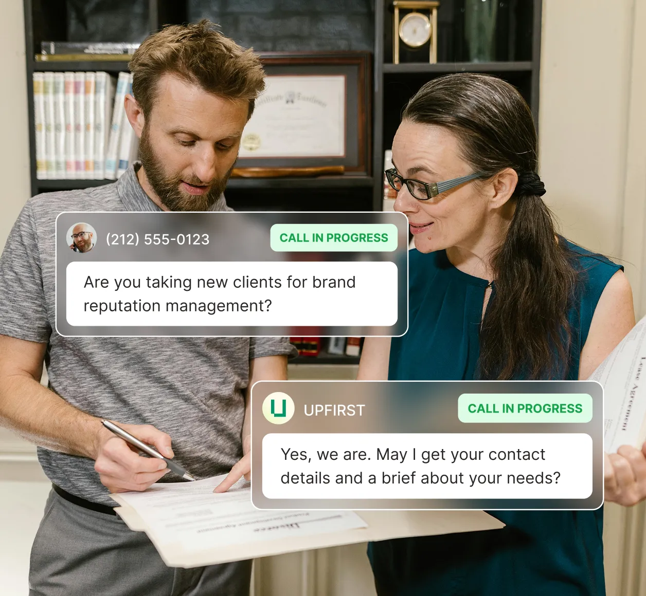 A caller asks if the firm is taking new clients for brand reputation management while the answering service for public relation firms responds and collects their details.