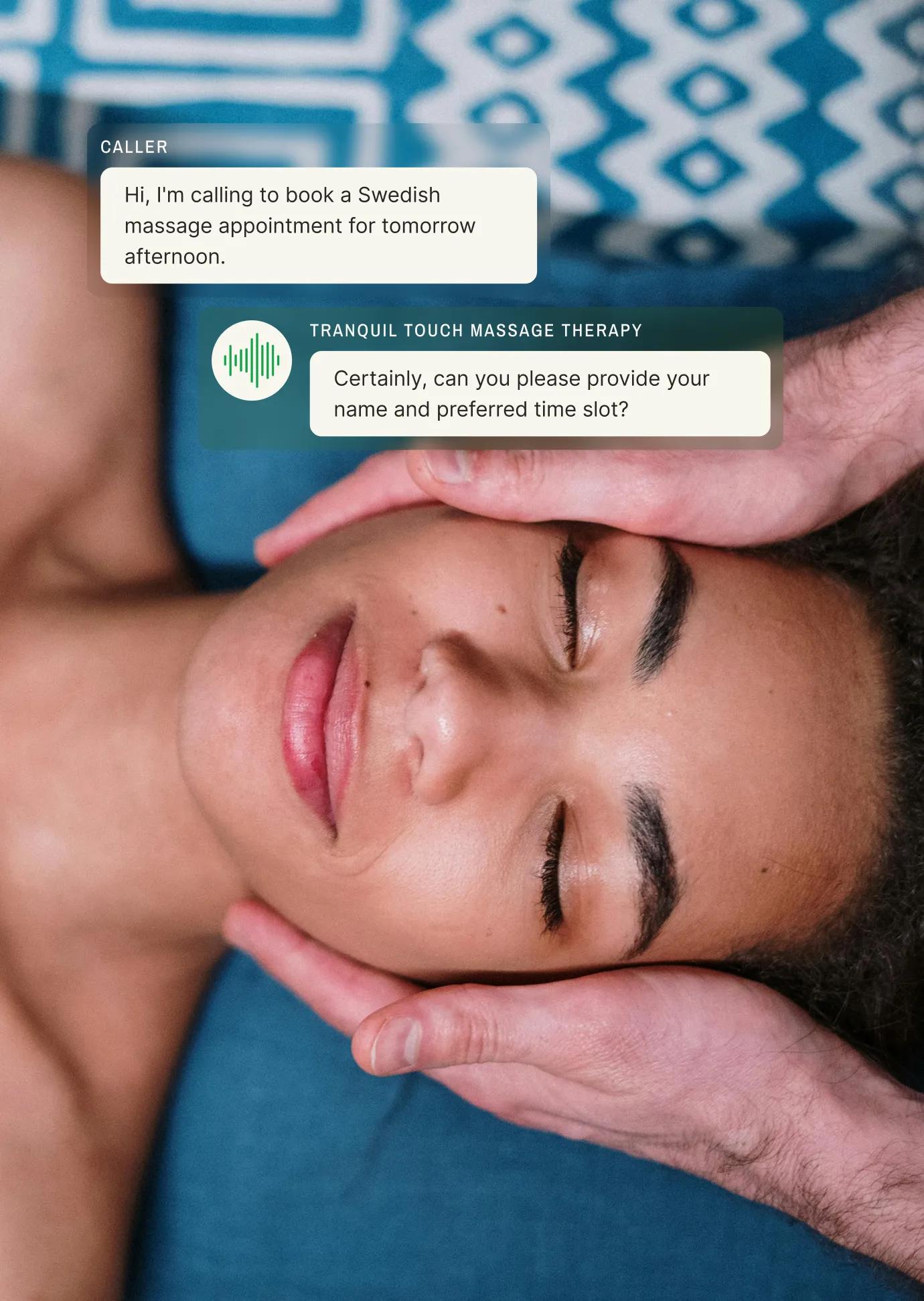 A client requests a Swedish massage appointment and the answering service for massage therapists asks for their name and time preference.