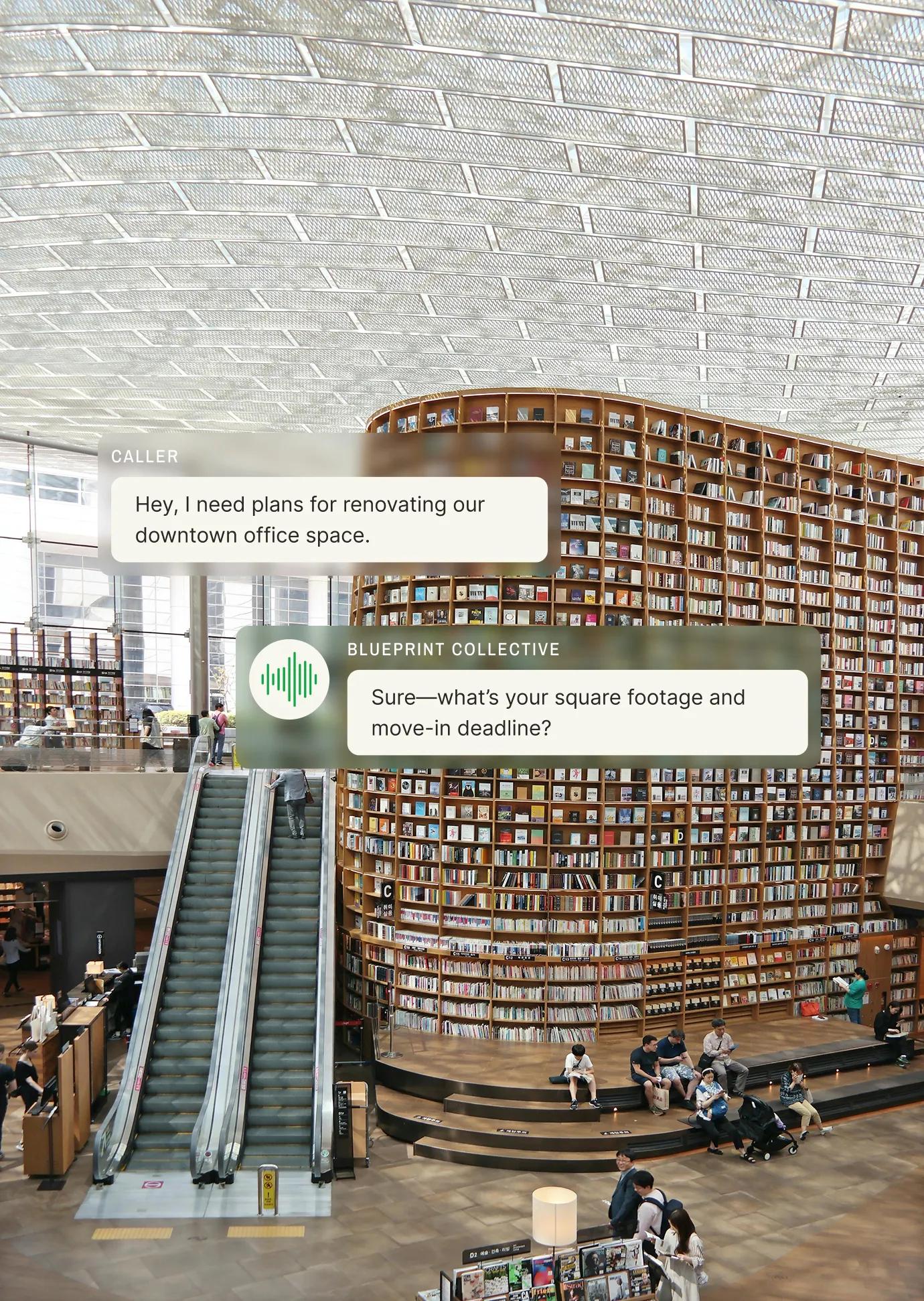 Library atrium scene with overlaid chat bubbles illustrating an architect answering service discussing office renovation square footage and deadlines.