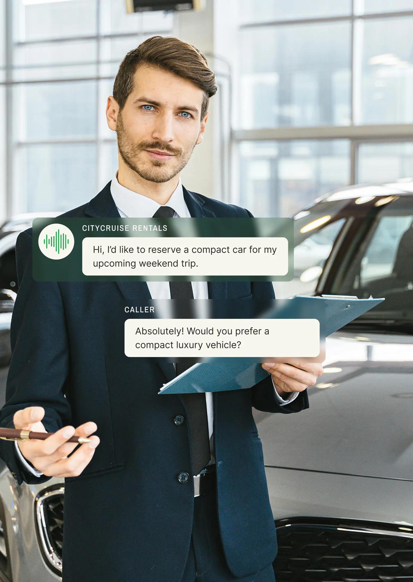 A suited agent responds to a caller reserving a compact car, offering a compact luxury option through a car rental answering service.