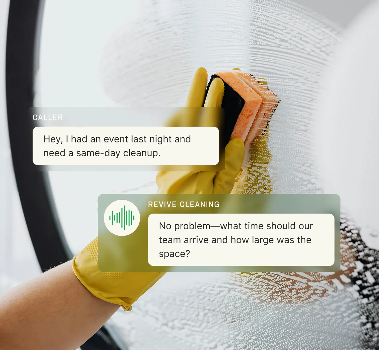 A gloved cleaner scrubs a glass surface while an answering service for cleaning confirms same-day event cleanup details.