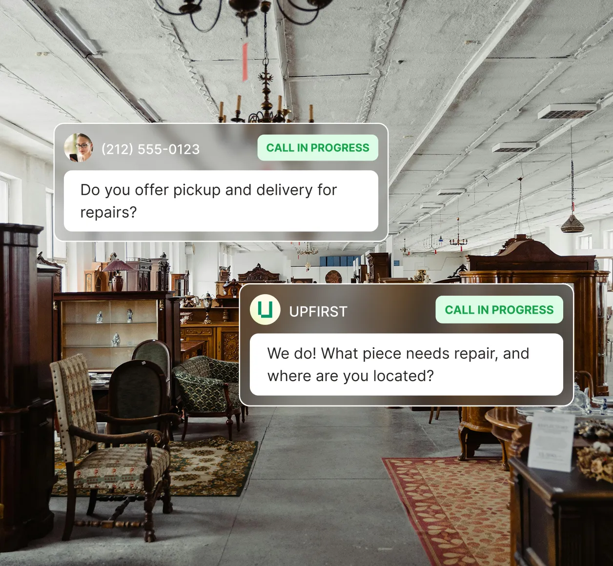 A caller asks about pickup and delivery for repairs as the furniture repair answering service replies by requesting the item details and location.