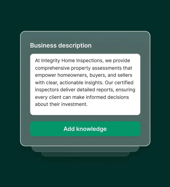 A business description for a home inspector is shown, ready to be added to the answering service platform.
