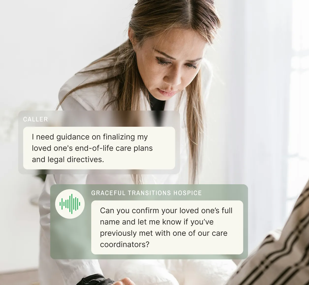 A hospice answering service agent helps a caller finalize their loved one's end-of-life care plans and legal directives.
