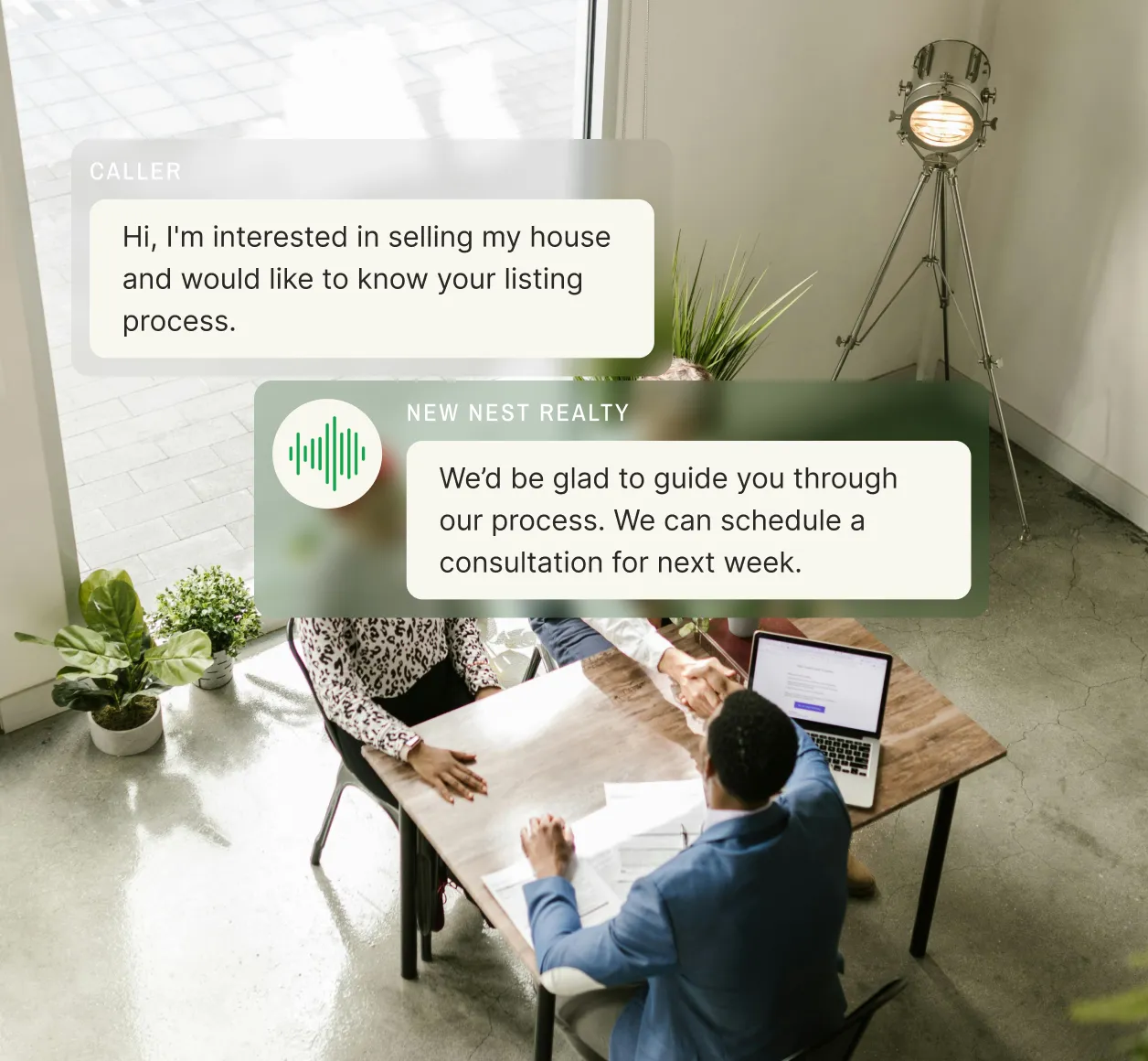 A real estate agent meets with clients in an office, showcasing the efficiency of an online voicemail service for scheduling consultations.