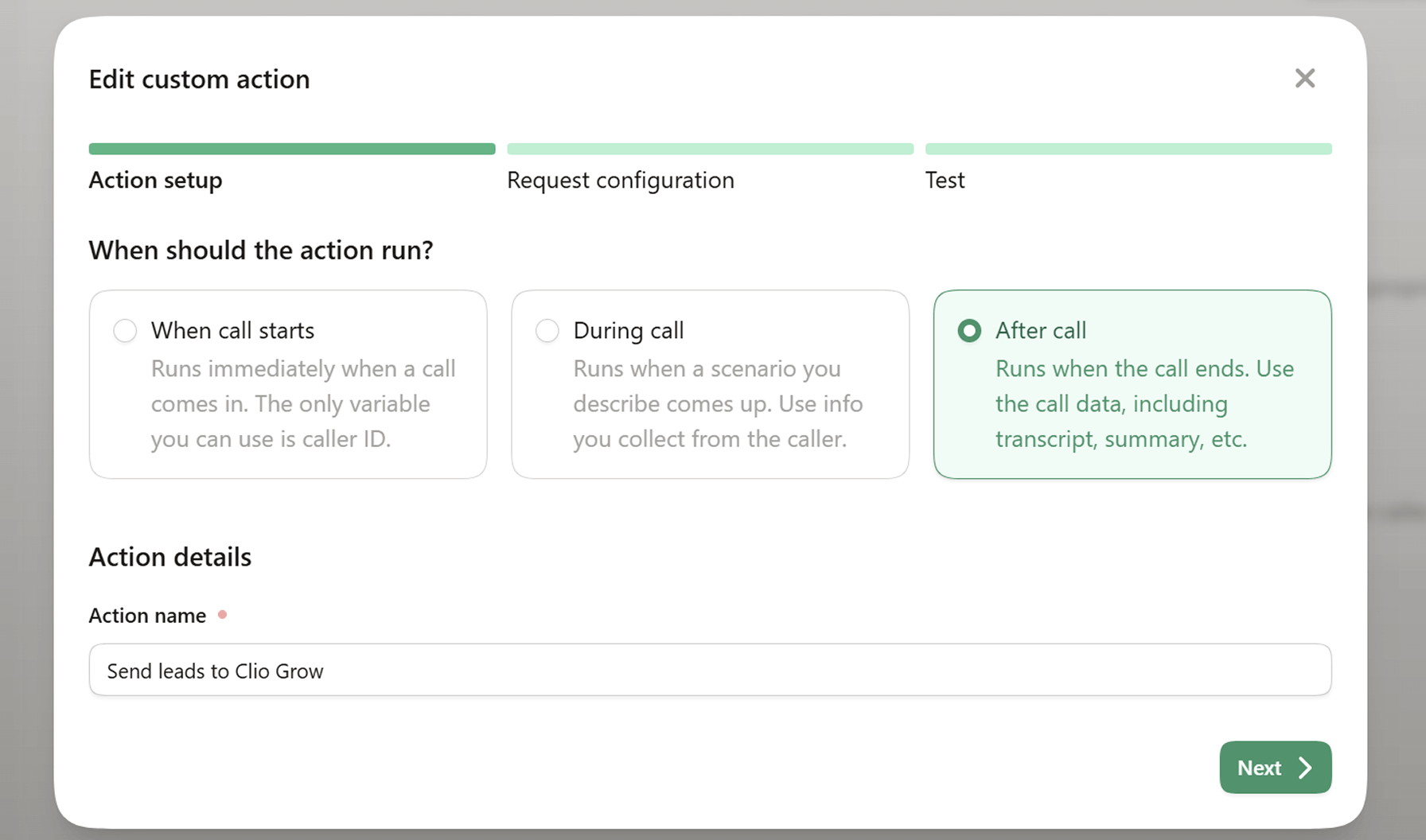 Selecting the trigger for a Custom Action in Upfirst
