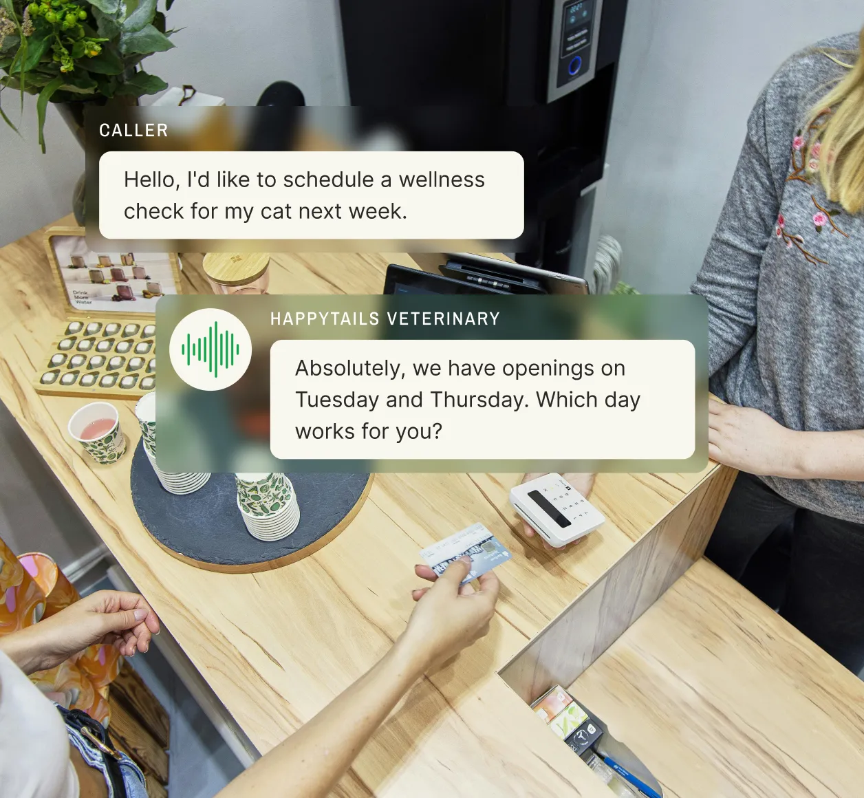 A veterinary clinic using an electronic receptionist to schedule a pet wellness check for a caller at the front desk.