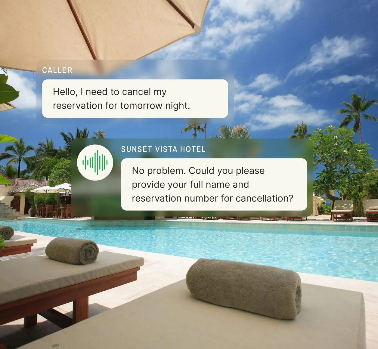 A resort poolside with lounge chairs under umbrellas, illustrating a caller requesting a reservation cancellation, and the hotel answering service asking for full name and booking details.