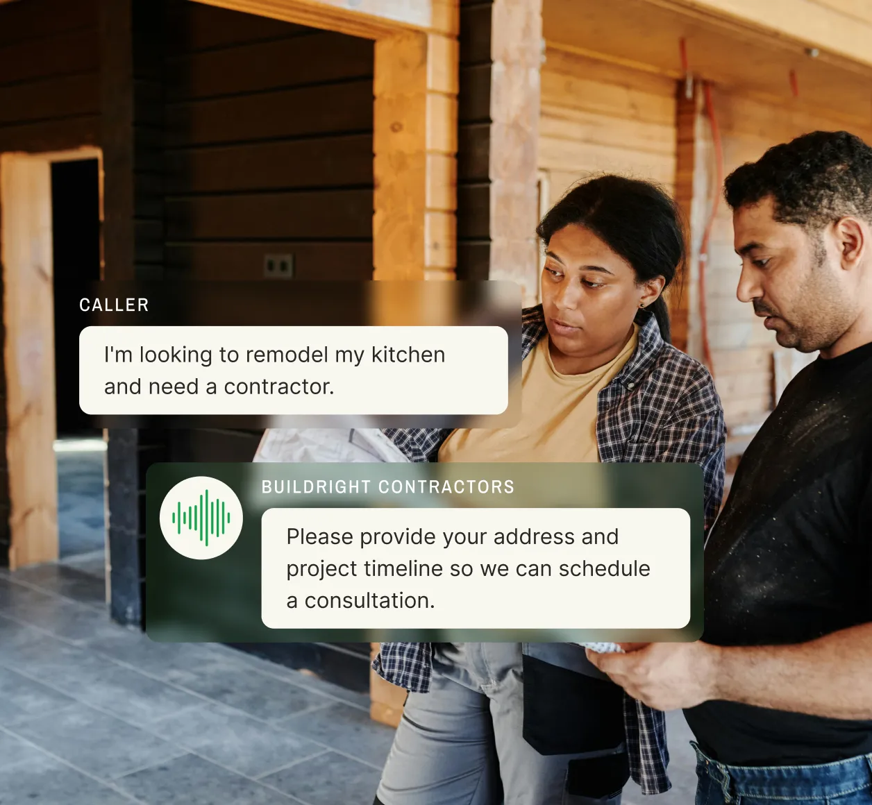 A contractor and a client review project details, while a call transcript overlay shows how VoIP call recording software assists in documenting discussions.