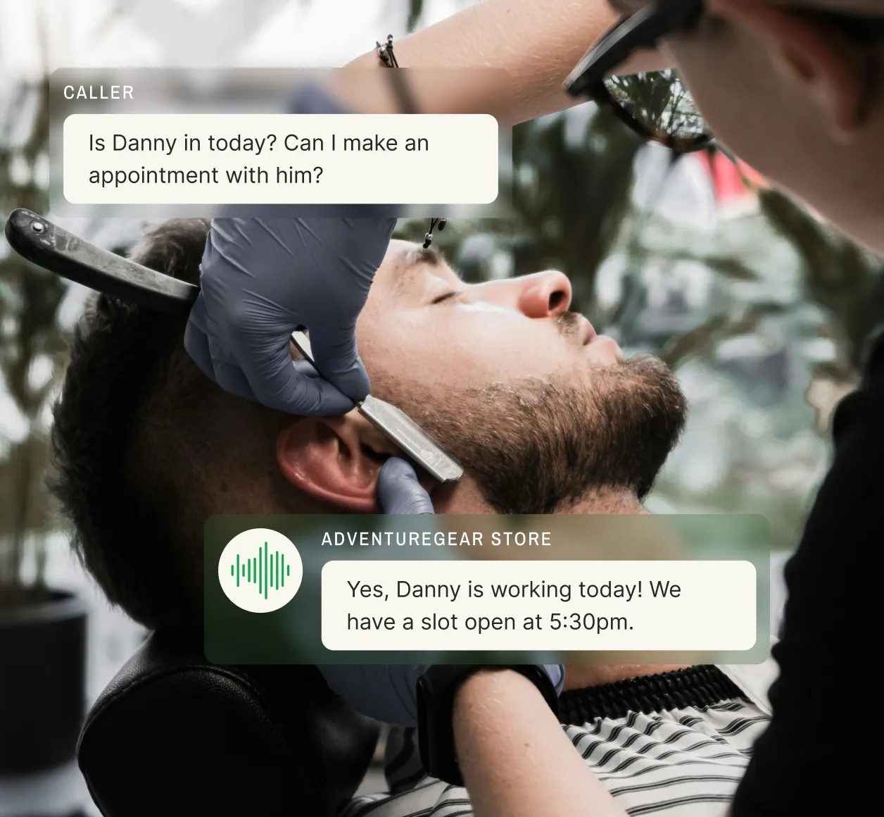 Personal answering service assisting with appointment scheduling at a barbershop, featuring a barber shaving a client.