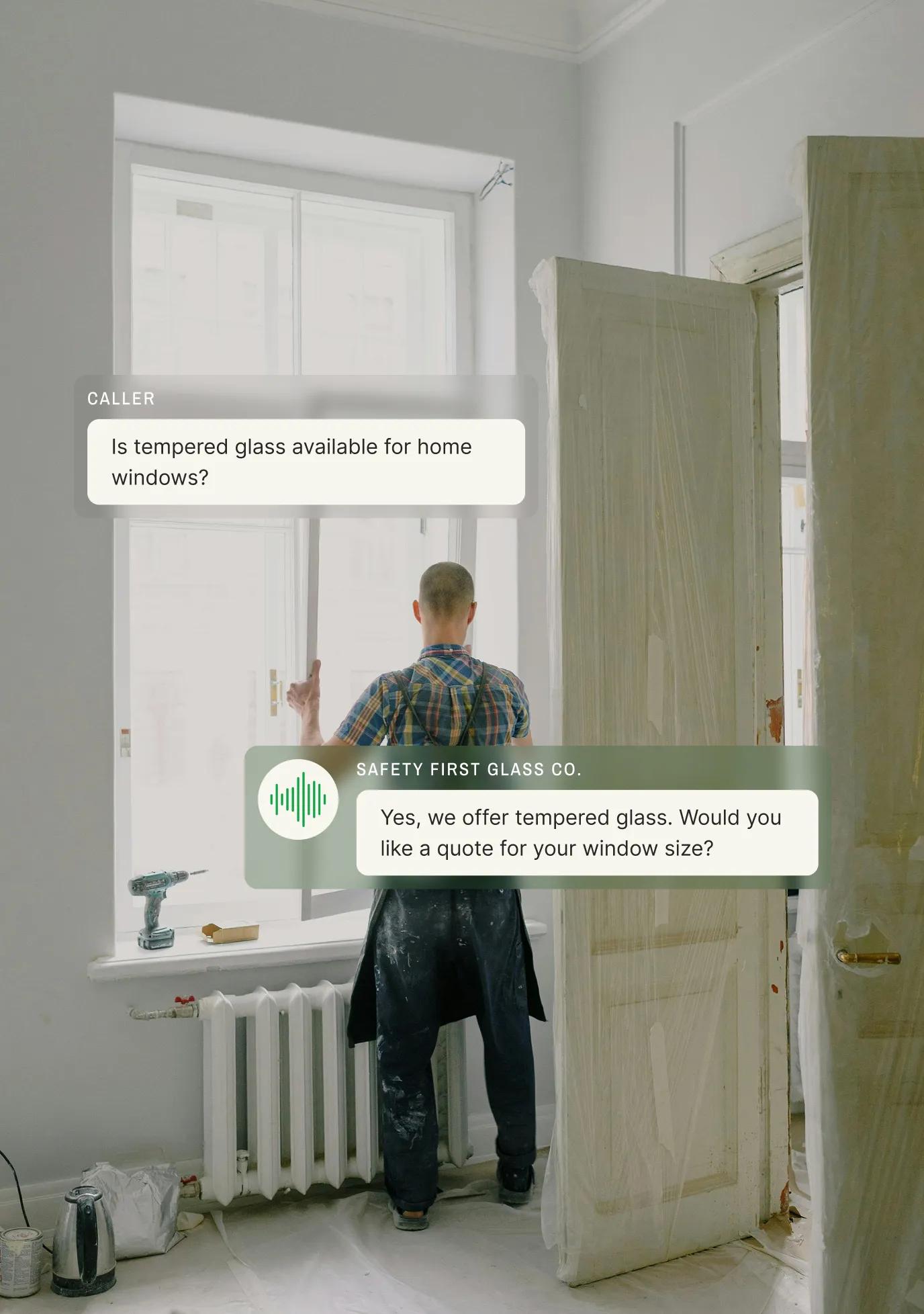 Worker installing a home window with a chat overlay where an answering service for glass repair confirms tempered glass availability.