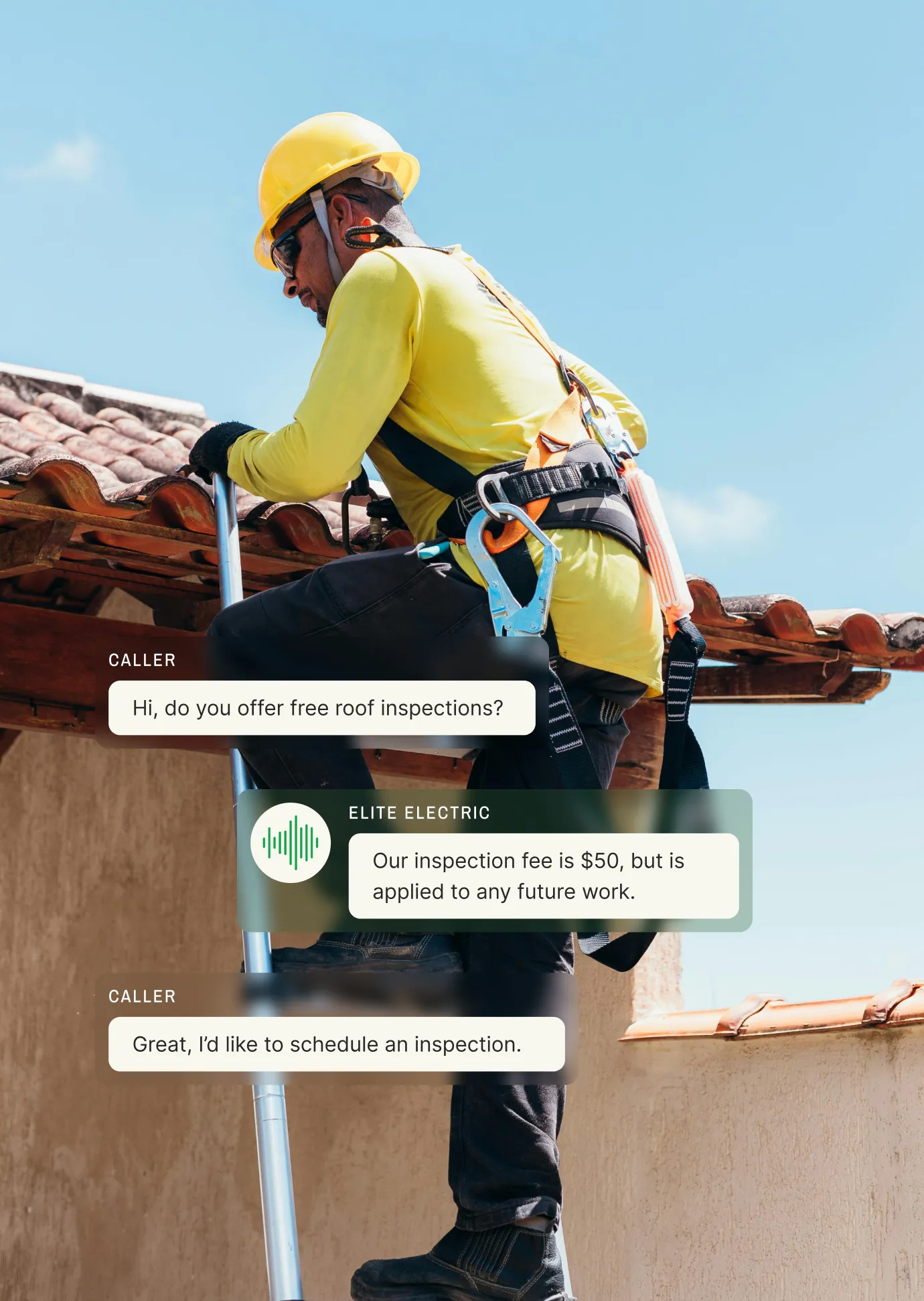 Professional roofing contractor in safety gear discussing inspection fees through an answering service chat interface