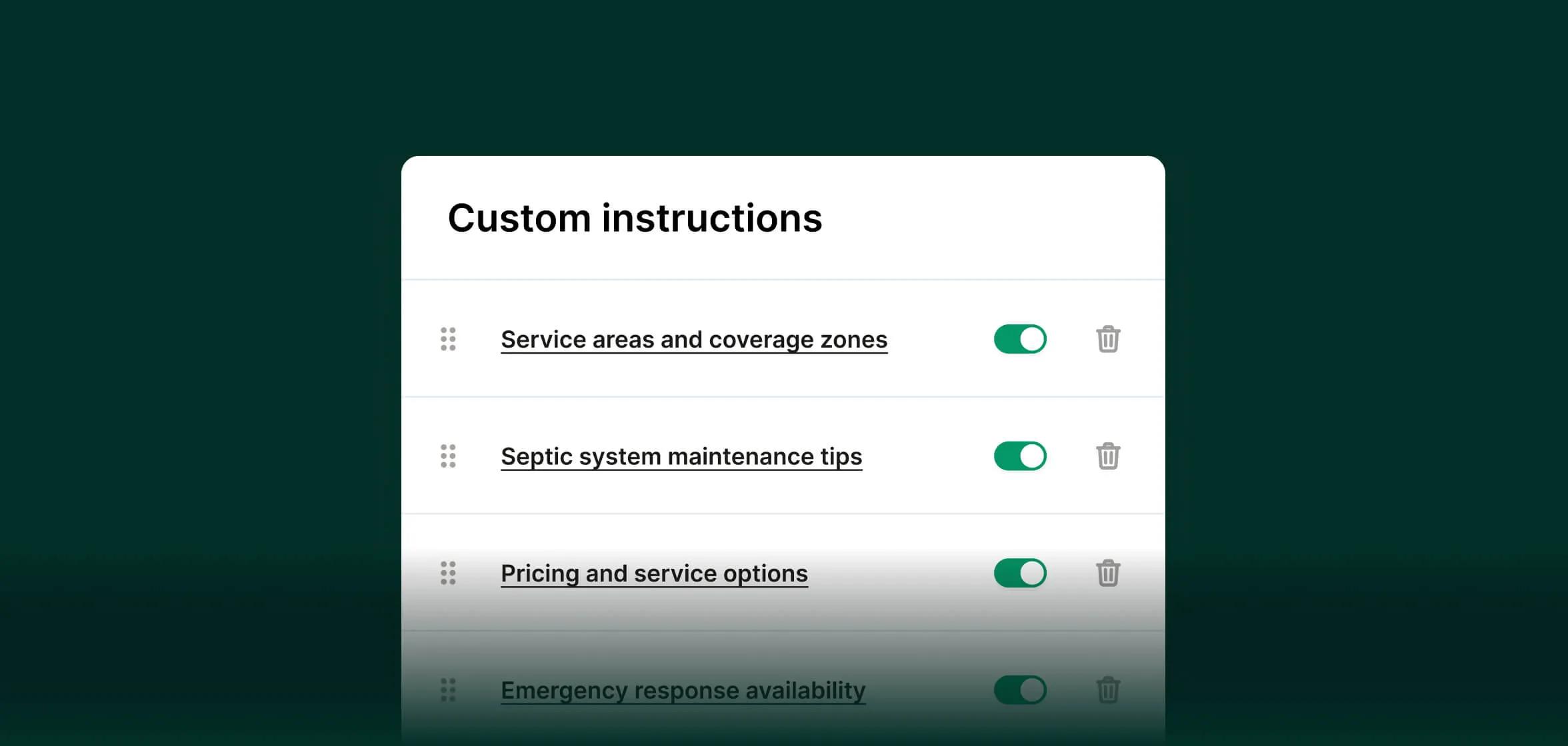A screenshot of a septic company's knowledge base that contains their service areas, maintenance tips, pricing, and more. 