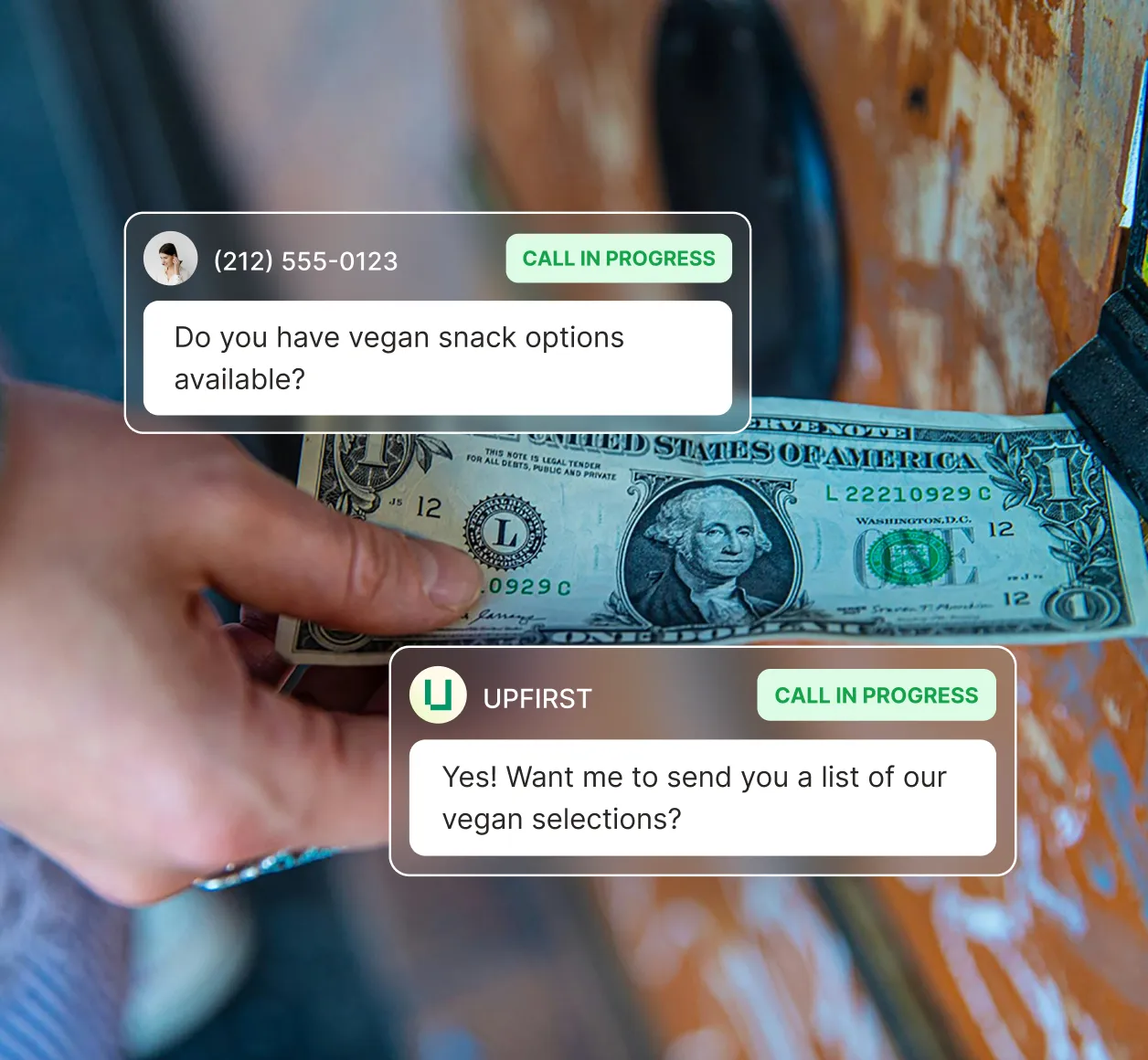 A caller asks if vegan snack options are available and the vending machine answering service offers to send a list of vegan selections.