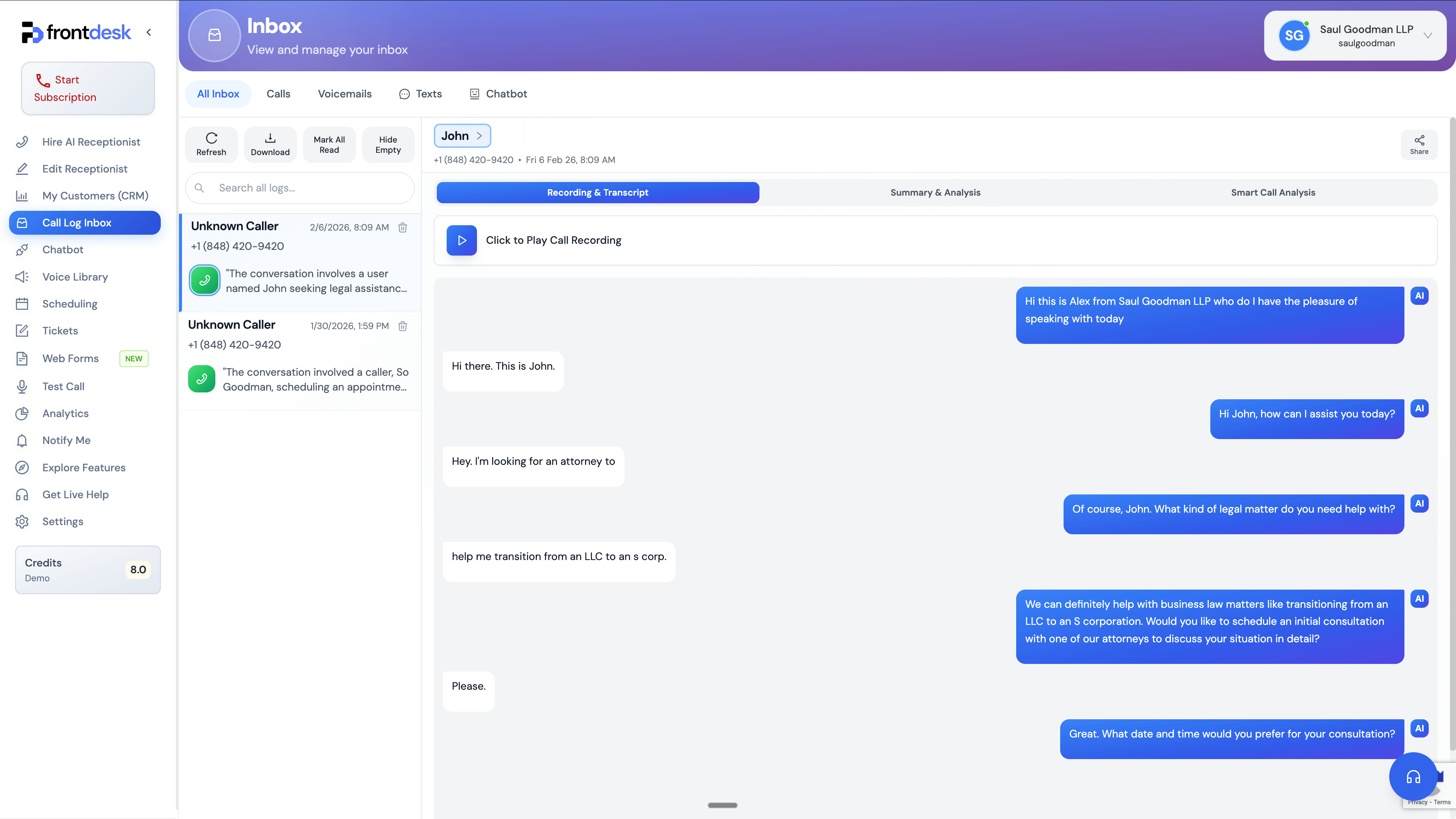 Screenshot of My AI Front Desk