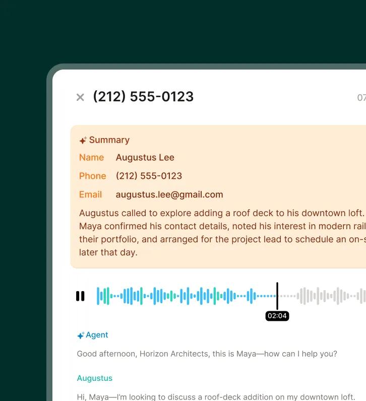 Call summary screen displaying contact details and a transcription waveform from an architect answering service call.