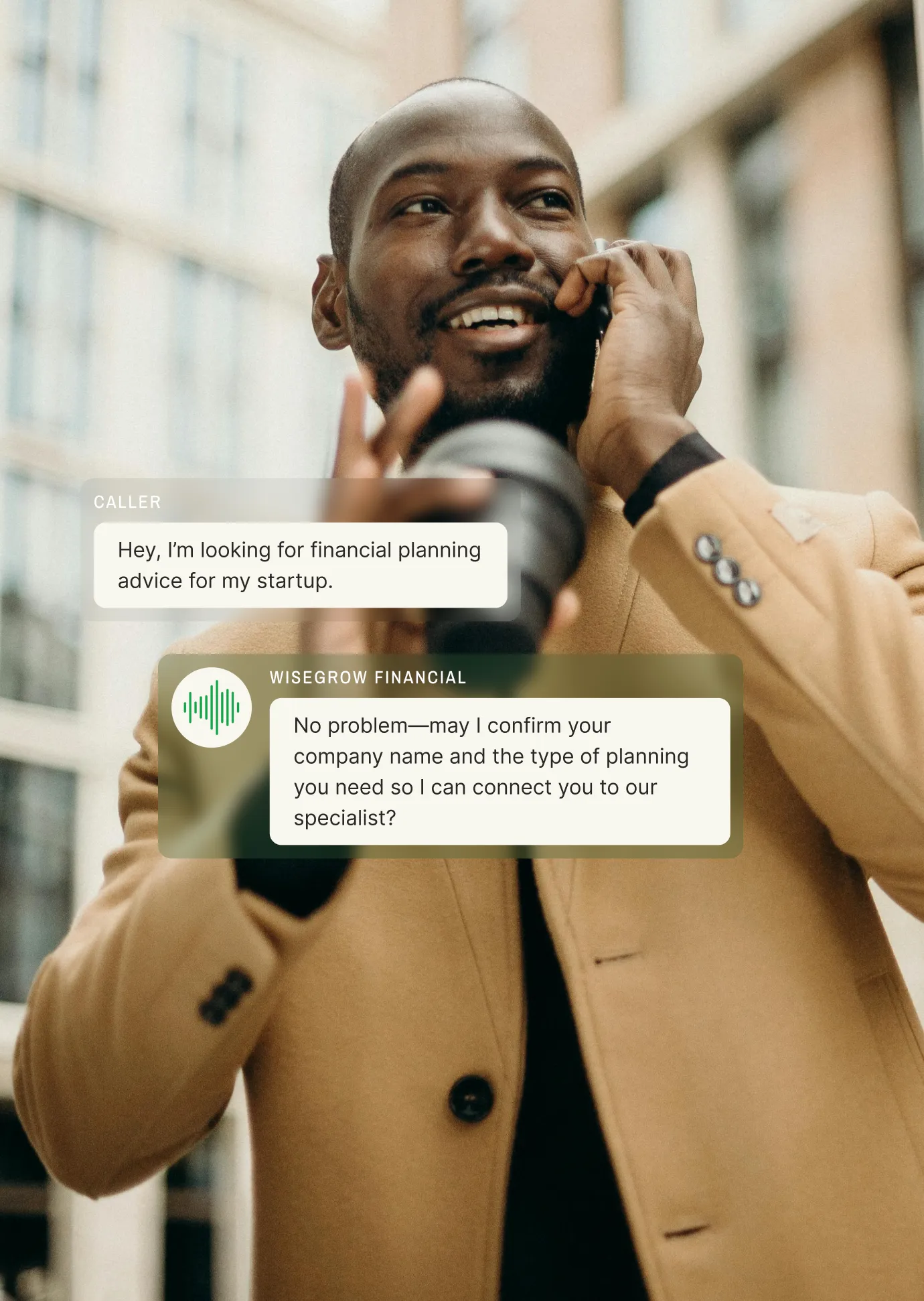 A caller requests financial planning advice for a startup, and the call screening service representative asks for the company name and specific needs, showcasing effective telephone call screening.