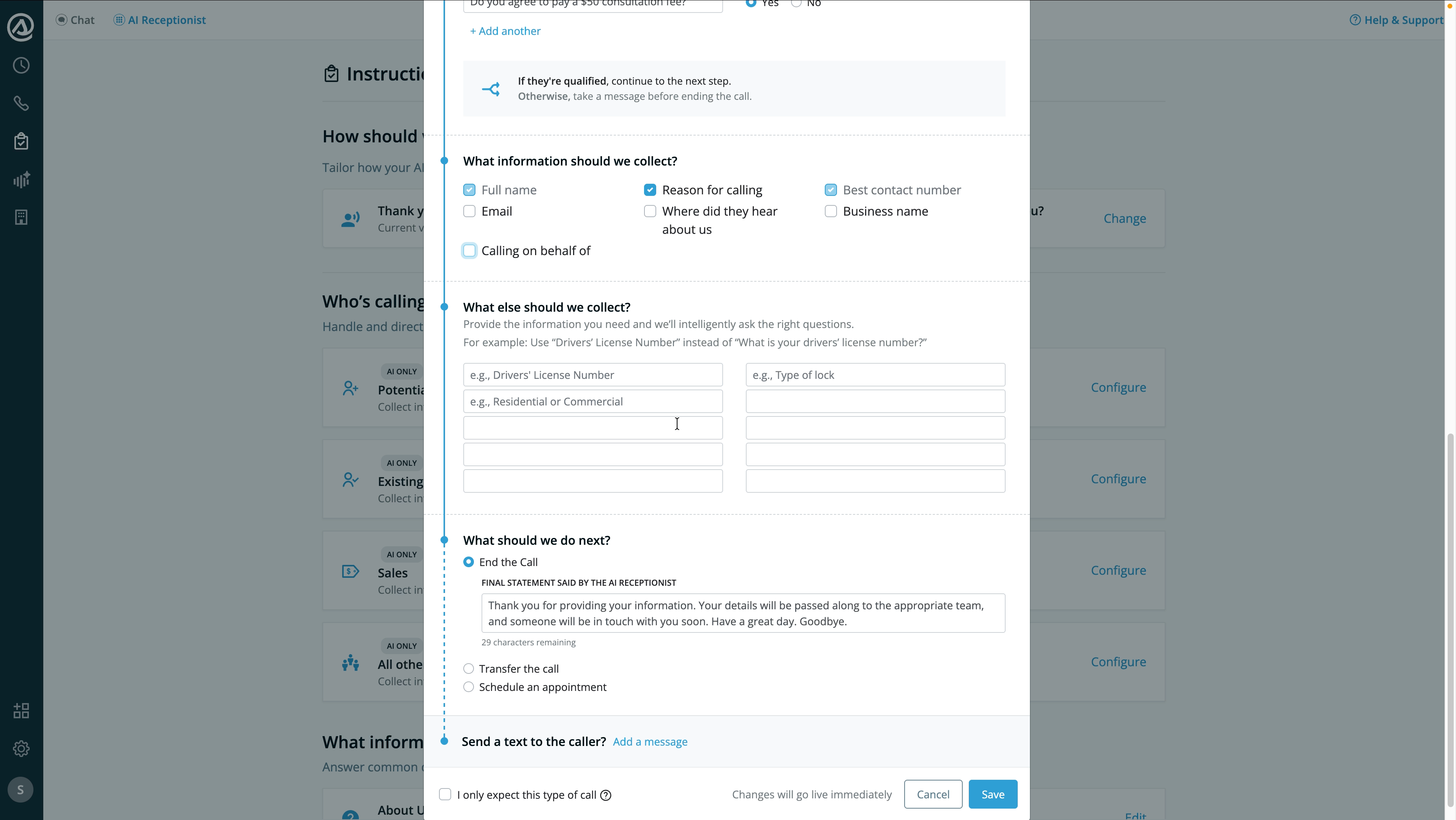 Smith.ai caller instructions form with qualification rules, information checkboxes, custom fields, and a next-step choice