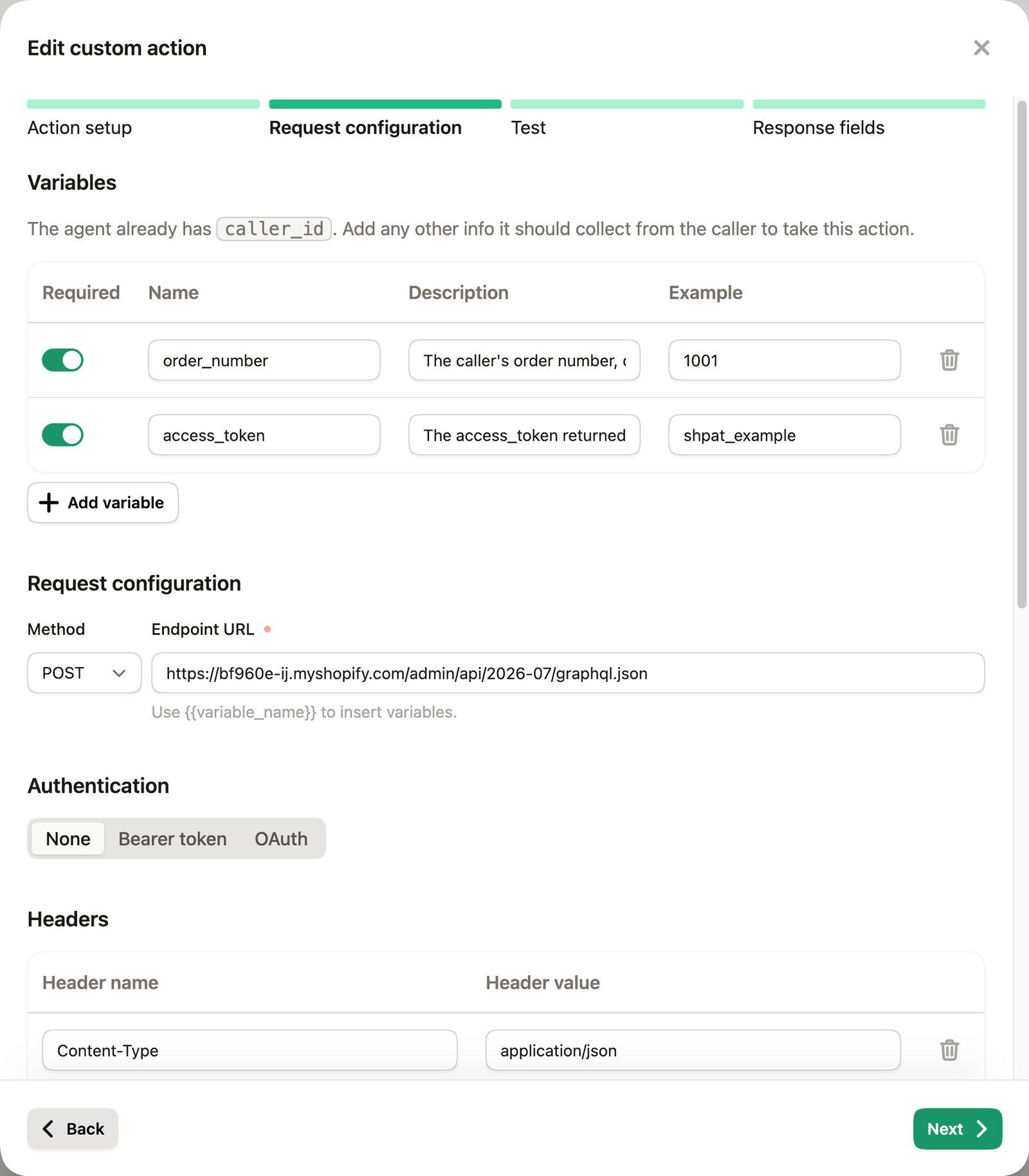 Check Order Status variables (order_number and access_token) and the Shopify endpoint URL