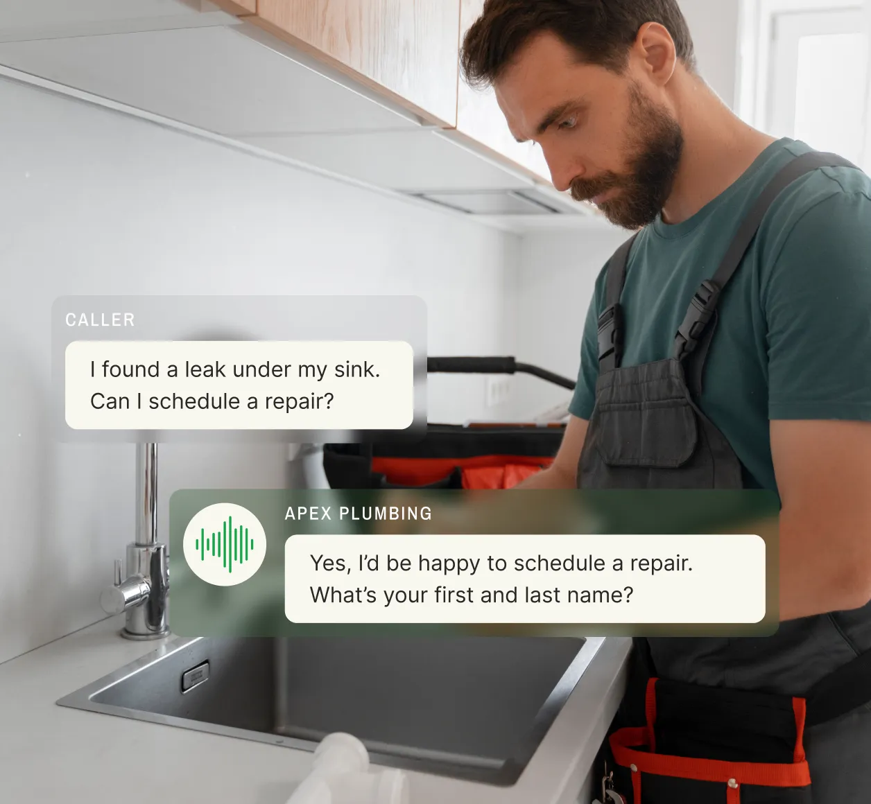Professional plumber answering service responding to an emergency sink leak repair request