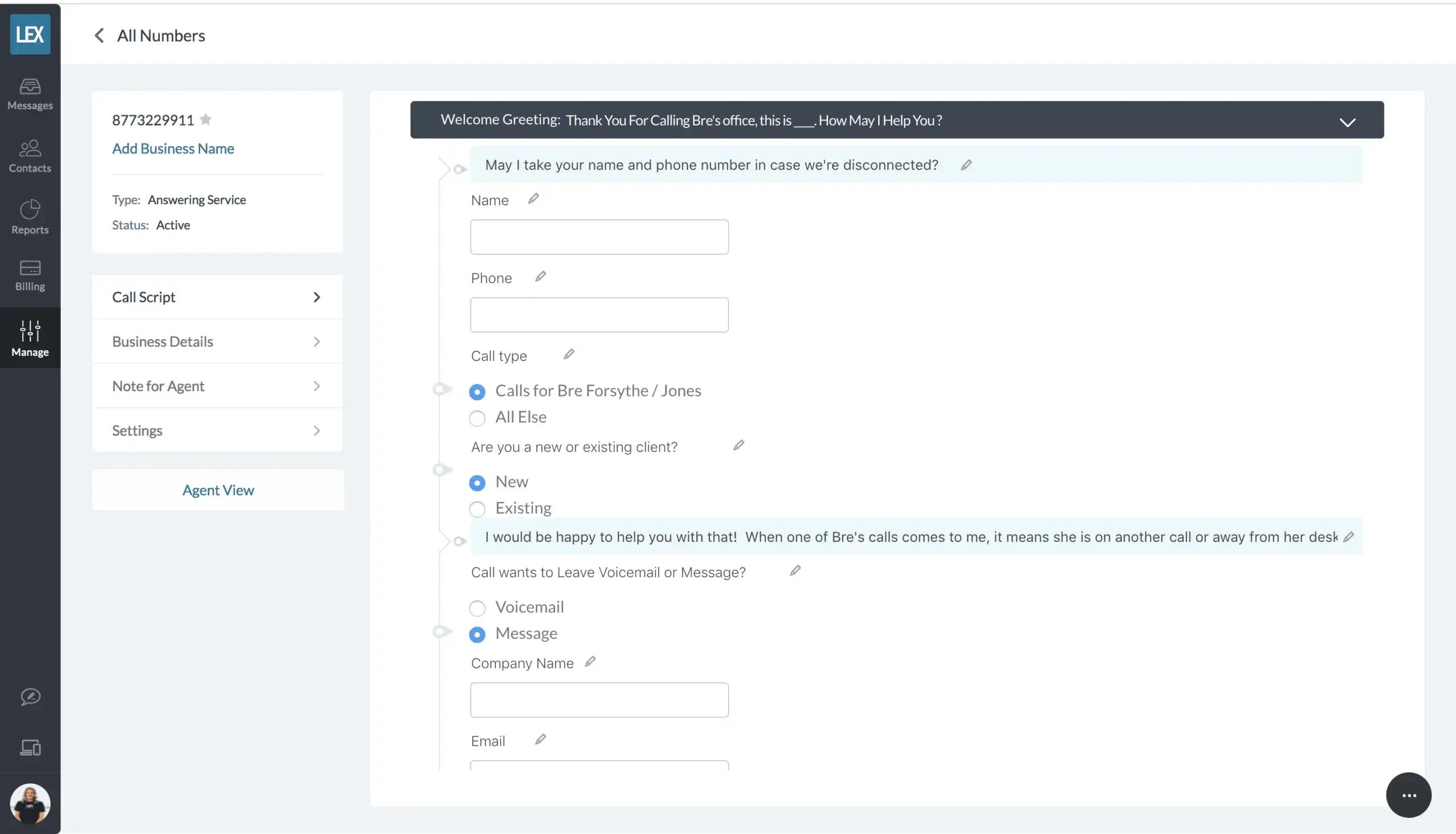 LEX Reception call script editor with a greeting, name and phone fields, and a question asking if the caller is a new or existing client