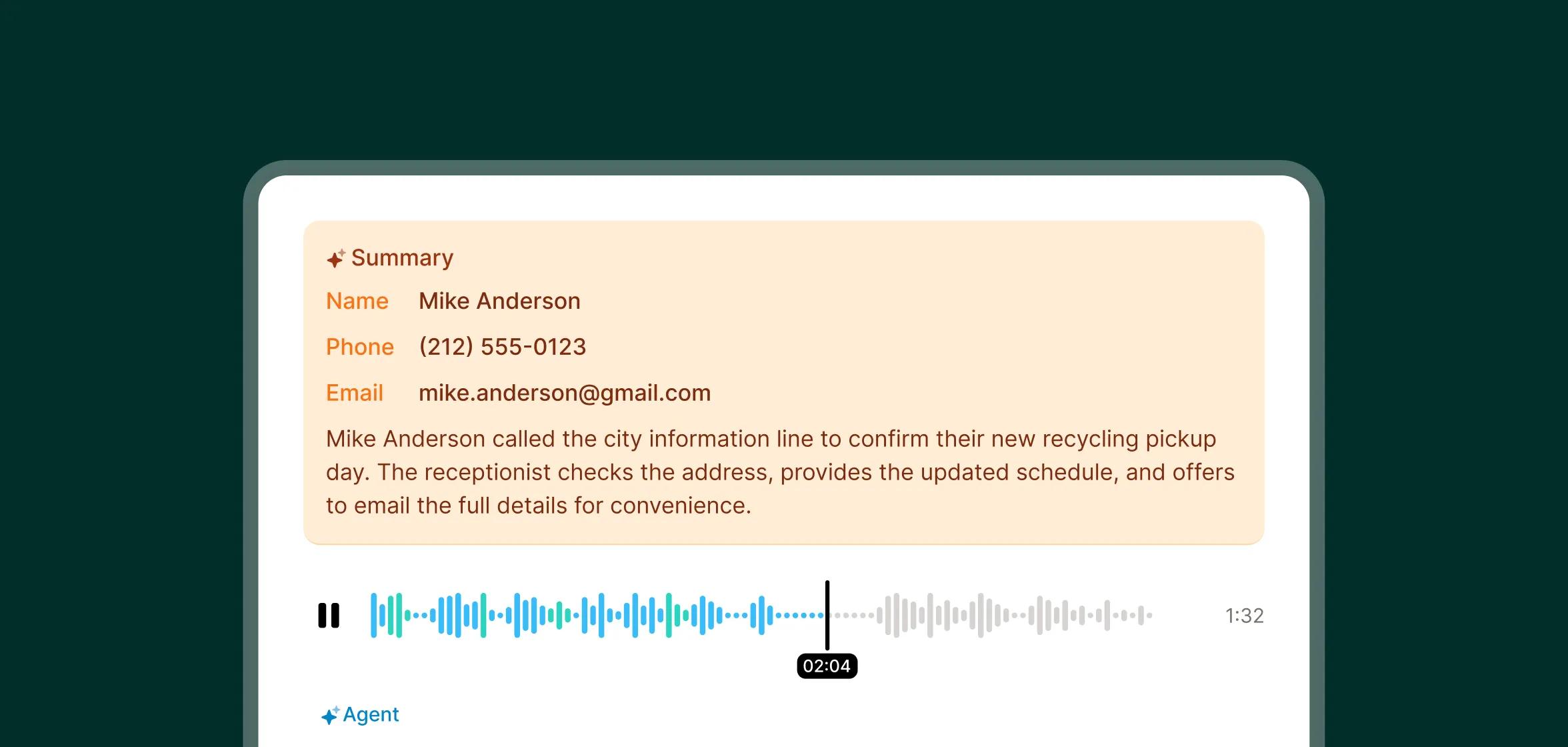 A call detail panel displays a “Summary” with Mike Anderson’s name, phone, email and a transcript about recycling pickup, showing how a government call center logs conversations.