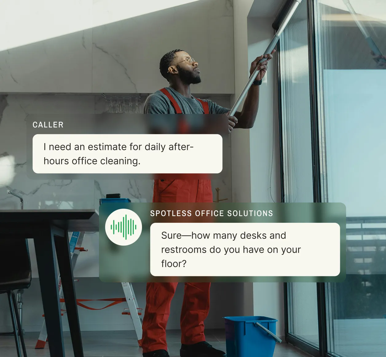A cleaning worker wipes a window while a cleaning service answering service handles a call asking for an after-hours office cleaning estimate.
