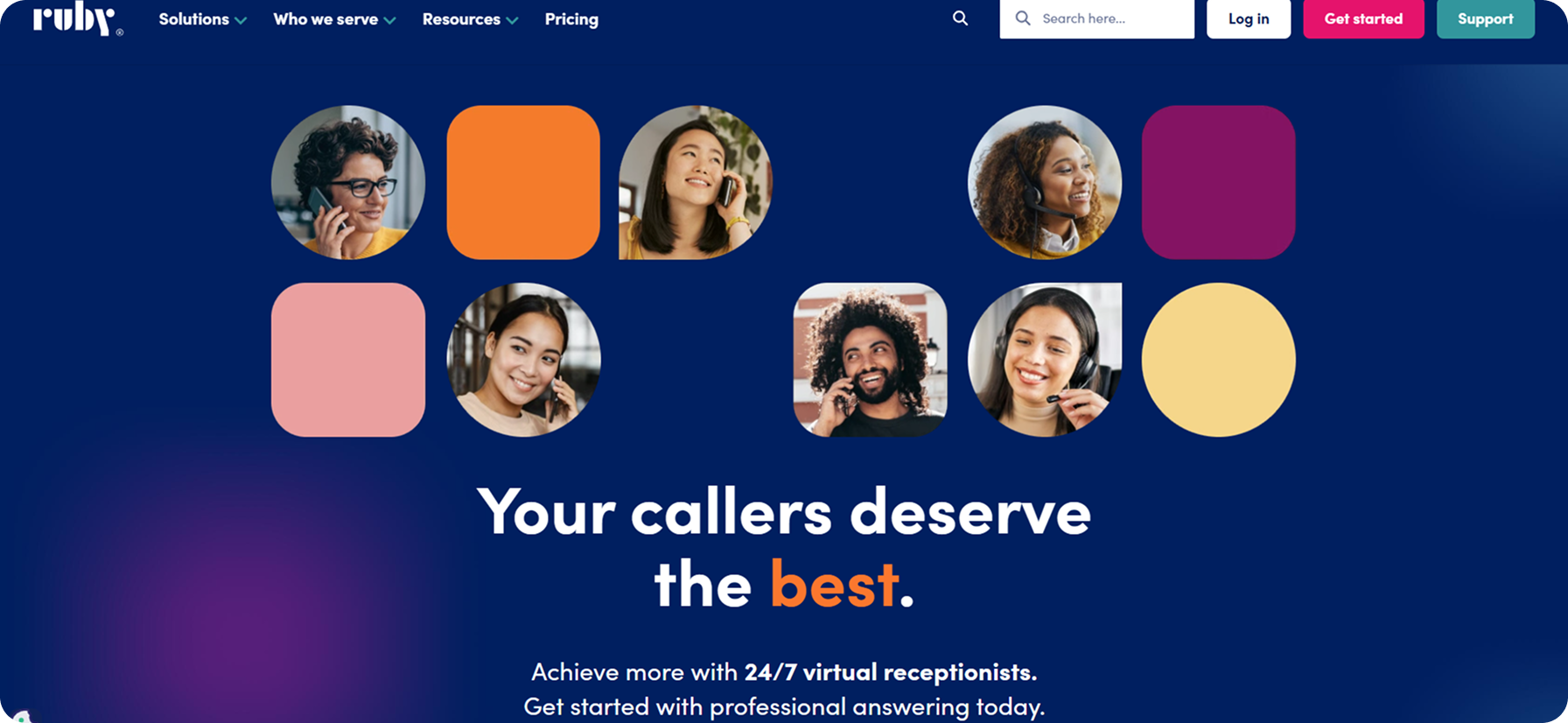 Ruby virtual receptionist homepage promoting 24/7 live human call answering, a premium choice among the best answering services for driving schools