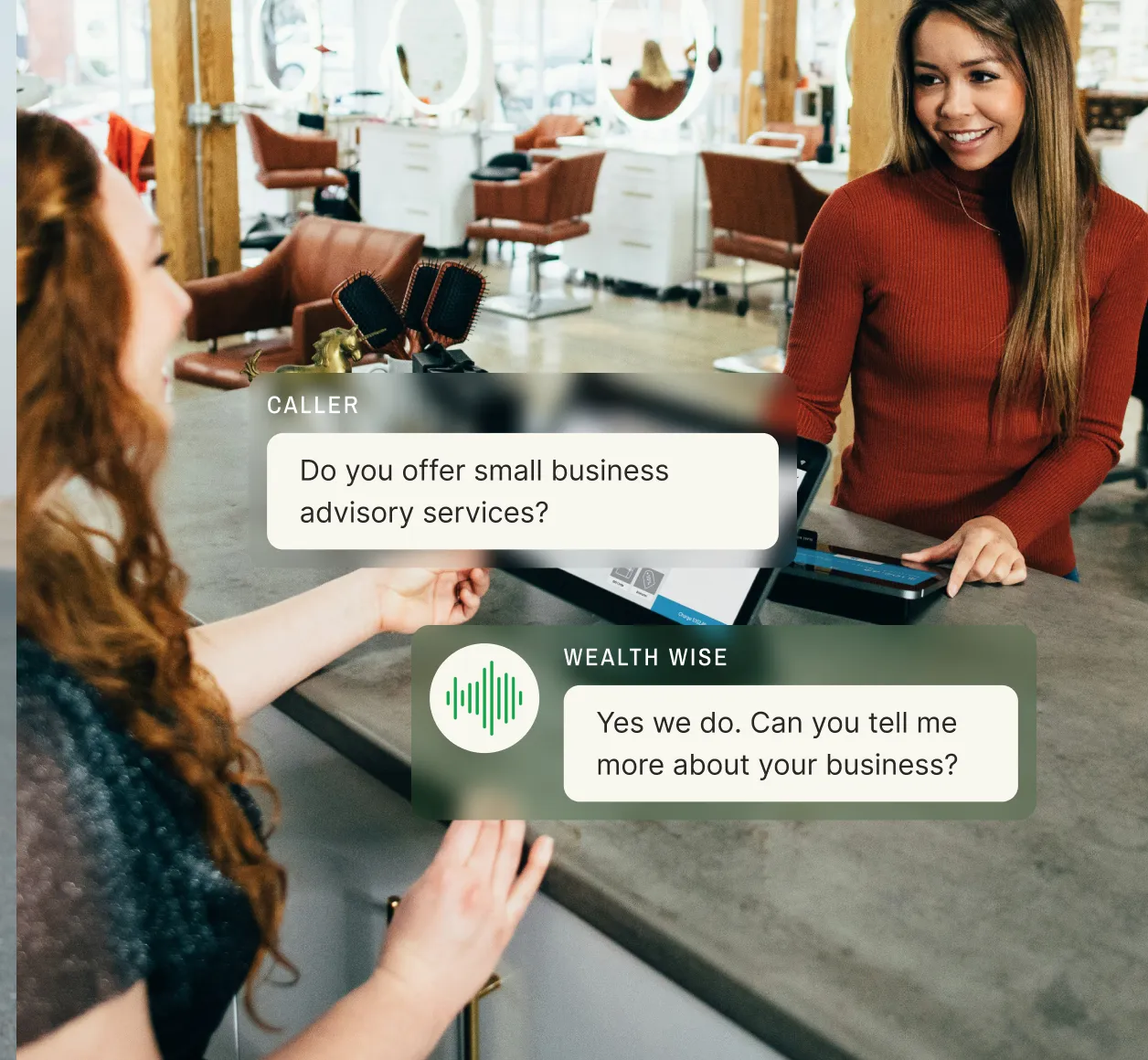 Professional financial answering service representative responding to small business advisory inquiry in modern office setting