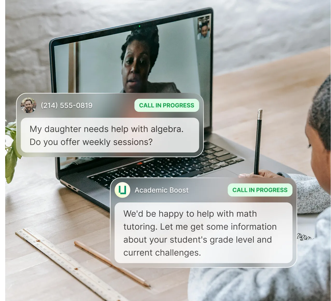 A photo of a student getting tutored virtually by somebody on a laptop and writing in his notebook with a pencil while a tutoring answering service responds to a question about weekly algebra sessions.
