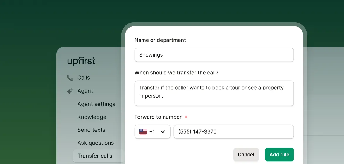 Call transfer rule setup for a real estate agent, showing how to forward tour requests or property inquiries to a mobile number.