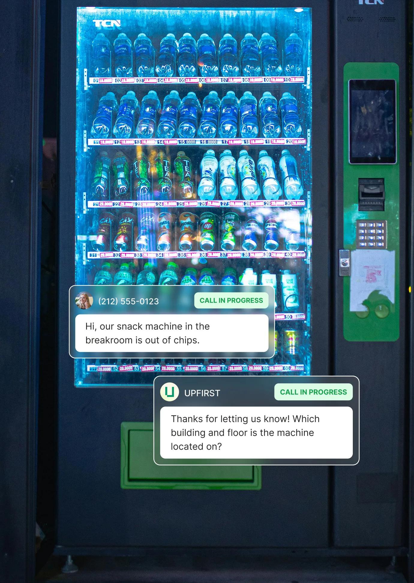 A caller reports that a breakroom snack machine is out of chips while the vending machine answering service asks which building and floor the machine is located on.