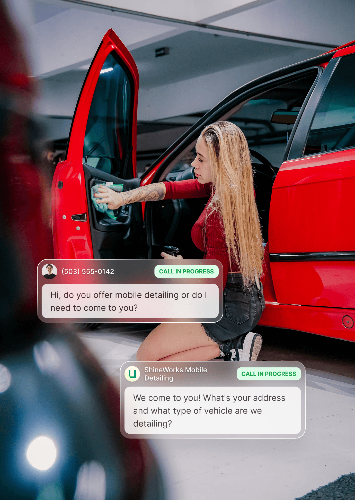 A car detailing professional receiving an Upfirst call summary on their phone showing the caller's name, vehicle details, and requested detailing service.