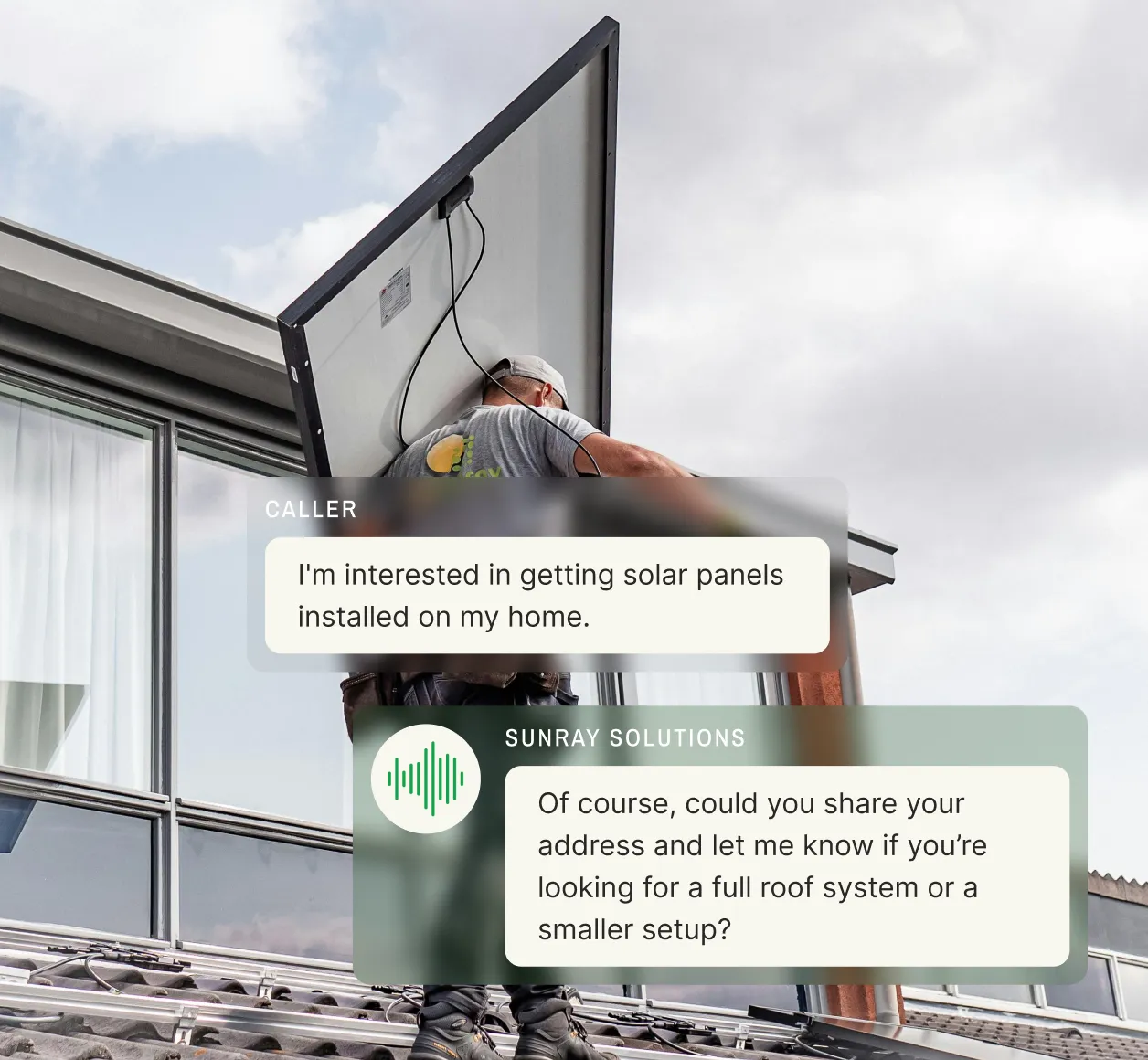 A technician installs a solar panel on a rooftop while an AI call agent interacts with a customer, demonstrating how an AI calling agent efficiently manages solar installation inquiries.