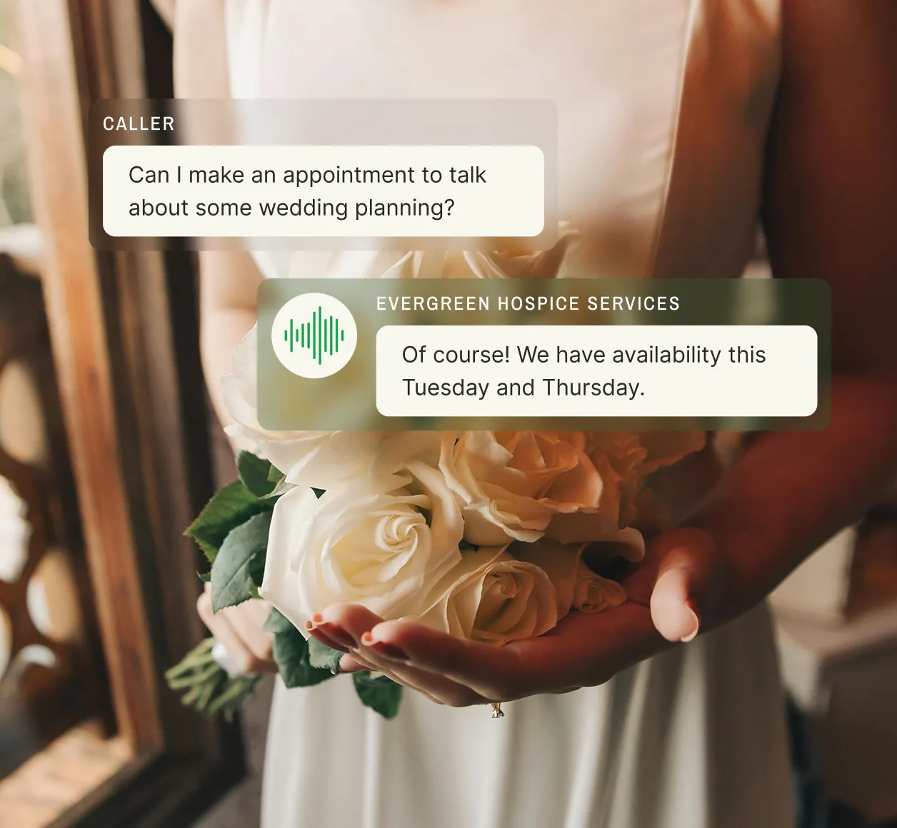 A caller requests an appointment to discuss wedding planning, and the answering service for event planners provides available time slots.