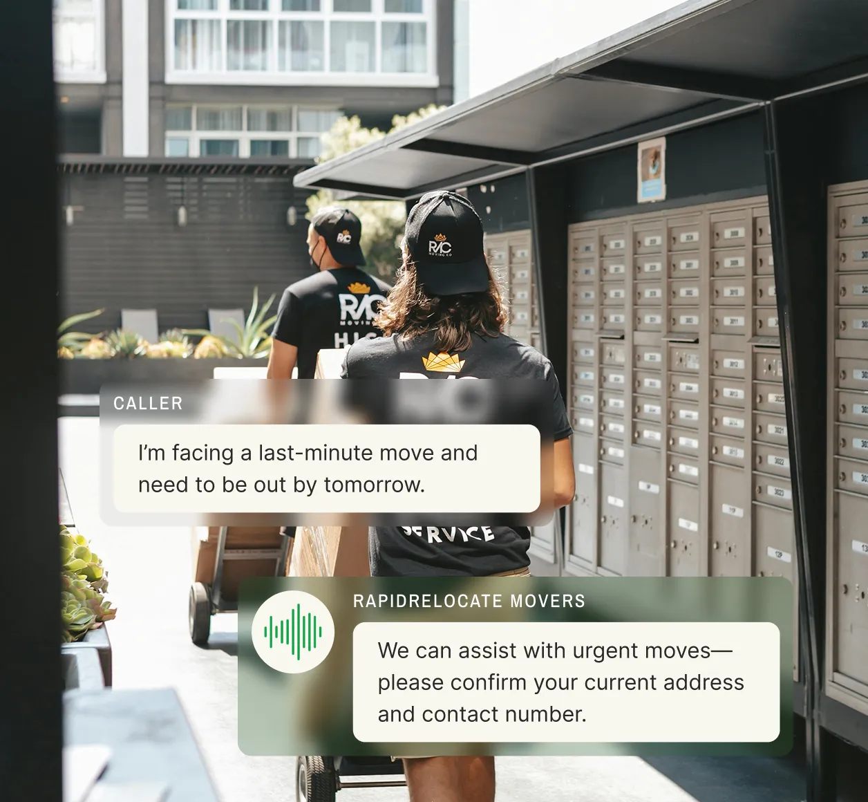 Movers loading boxes into a truck while an answering service for a moving company provides an estimate over chat.