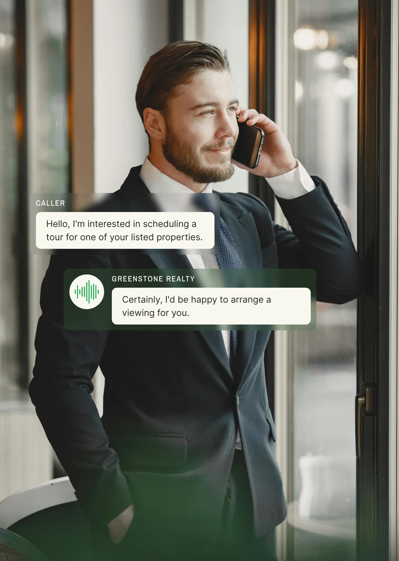 Personal answering service coordinating property viewings for a real estate agency, depicting a man in a suit speaking on a phone near a window.