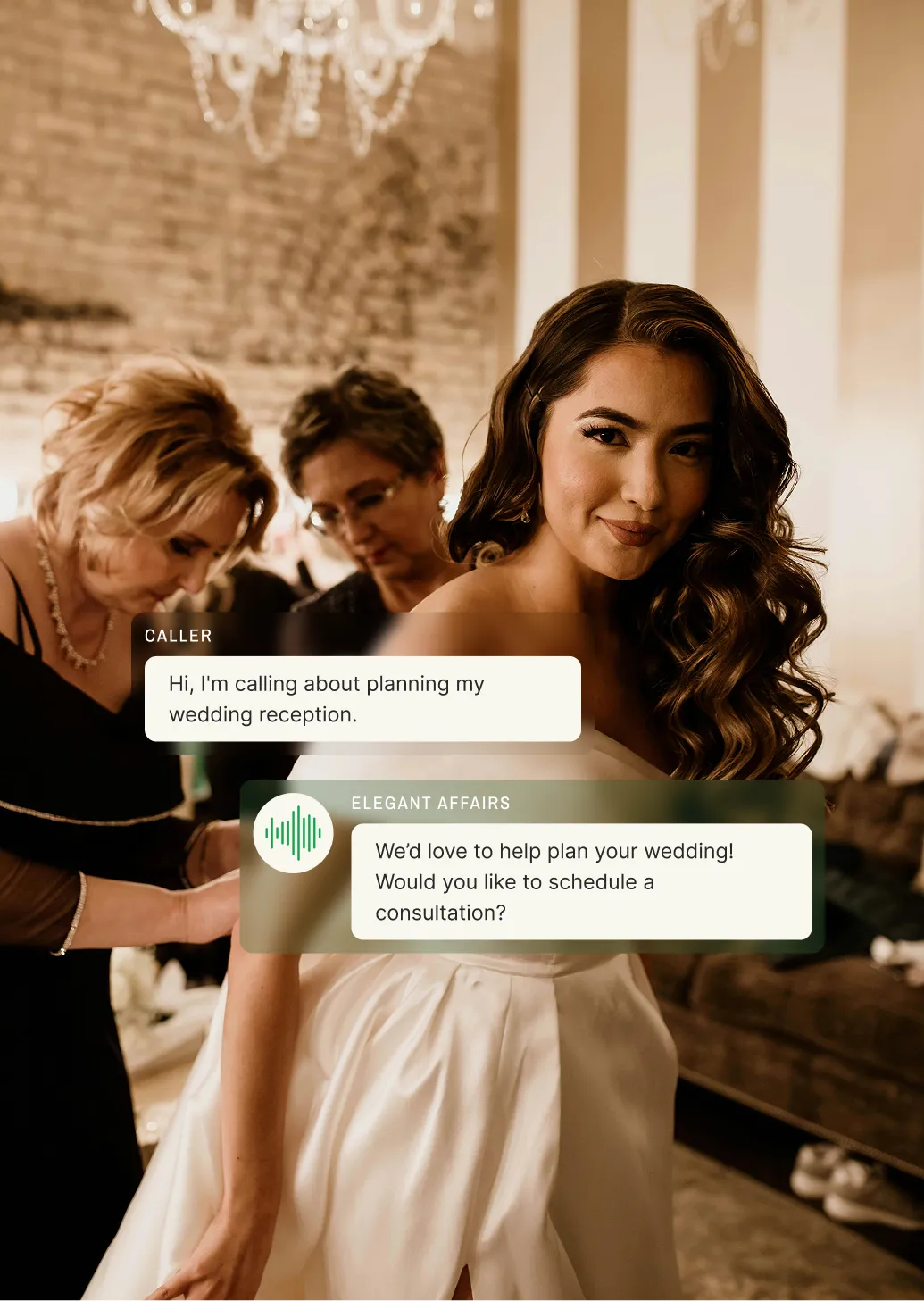 A bride-to-be asks an answering service for event planners about wedding reception planning, and the service offers to schedule a consultation.