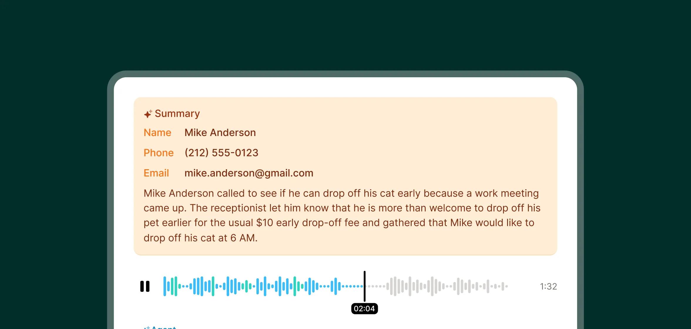 Answering service for pet grooming showing detailed call summary about early cat drop-off appointment.