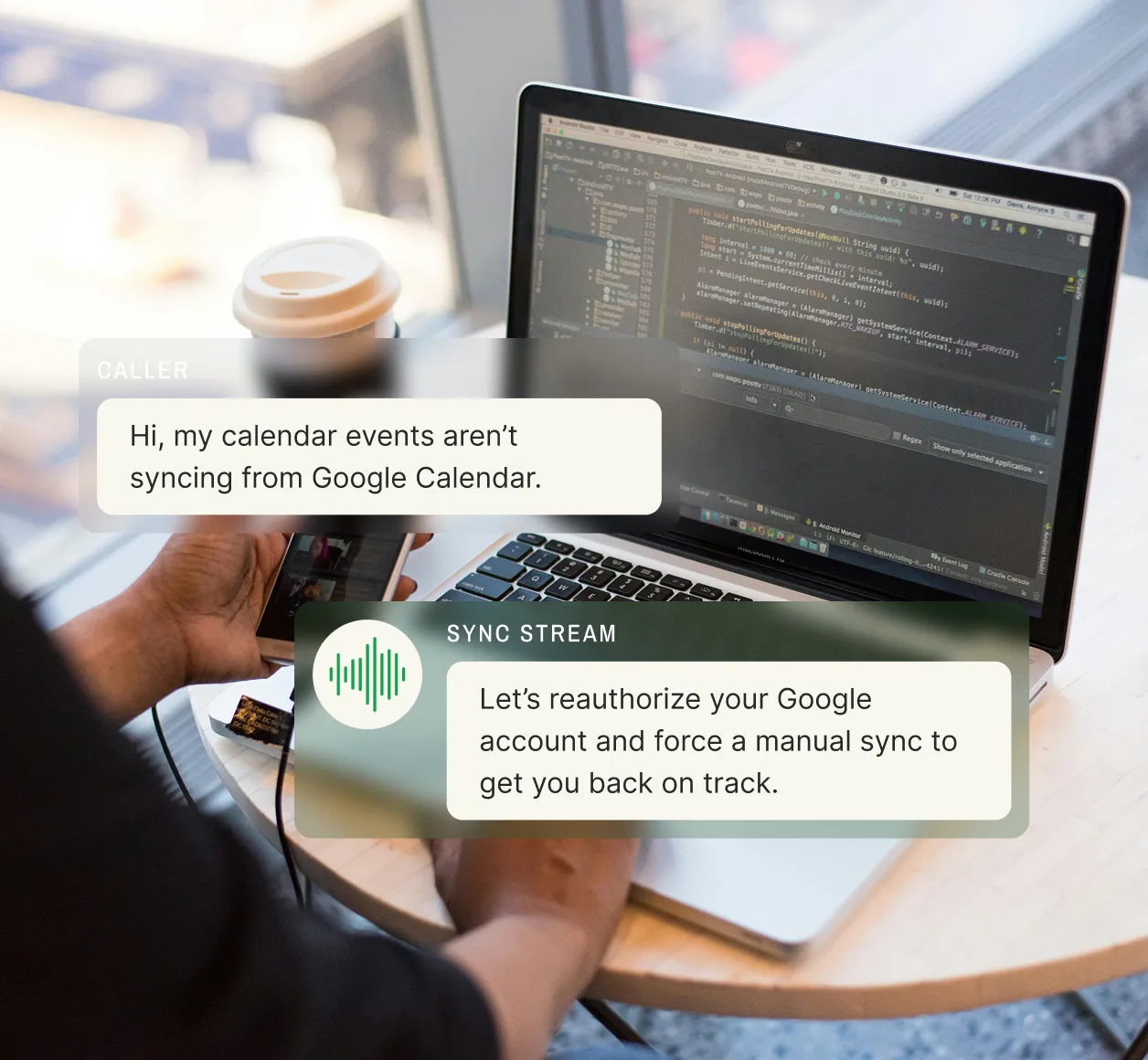 A caller reports Google Calendar events not syncing while a virtual assistant offers to reauthorize the account, showcasing an answering service for SaaS companies.