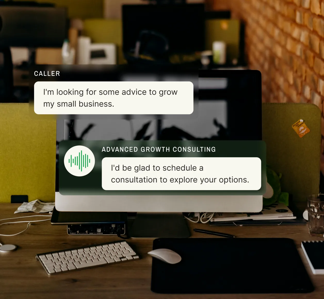 Example of a personal answering service handling a small business inquiry in an office, with a modern desk setup in the background.